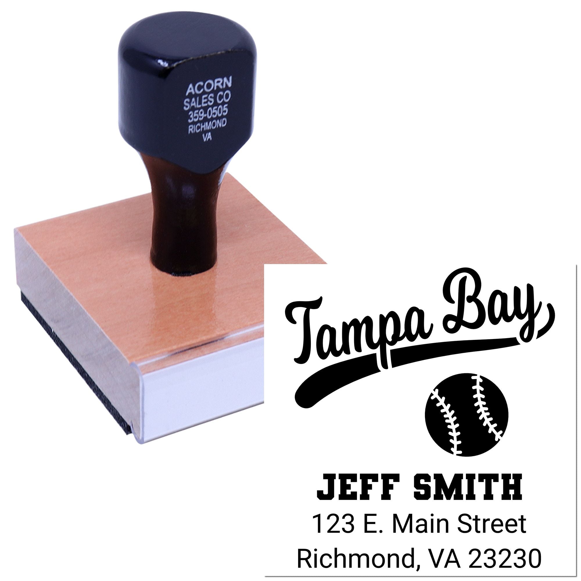 Custom baseball return address rubber stamp with Tampa Bay design, Jeff Smith name, and Richmond, VA address.