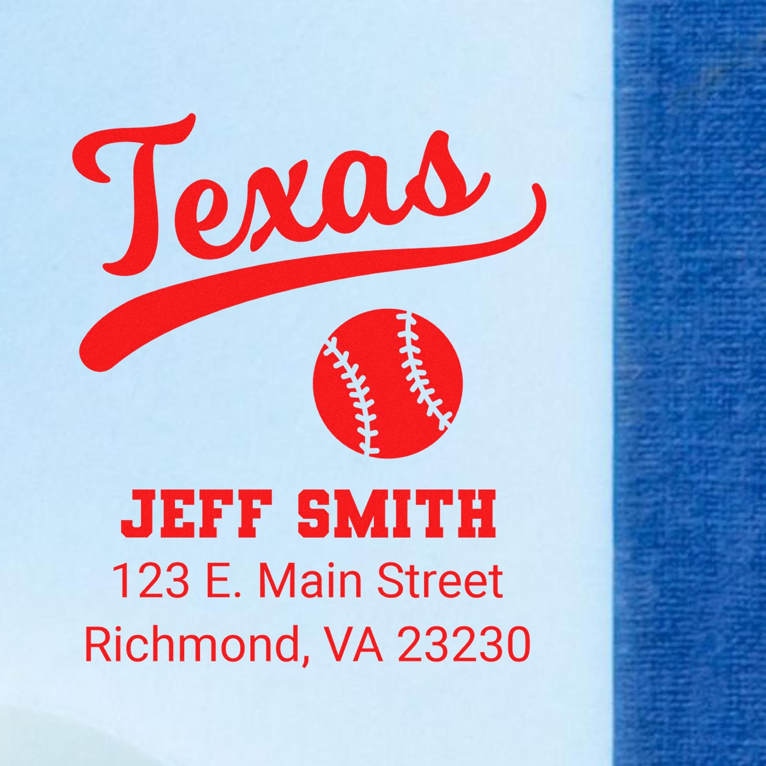 Personalized Texas baseball return address rubber stamp for Jeff Smith, Richmond, VA 23230