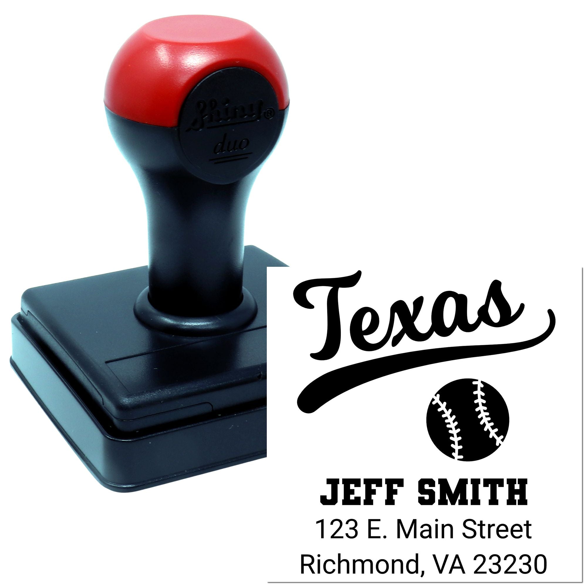 Custom self-inking rubber address stamp with Texas baseball design for Jeff Smith, Richmond, VA