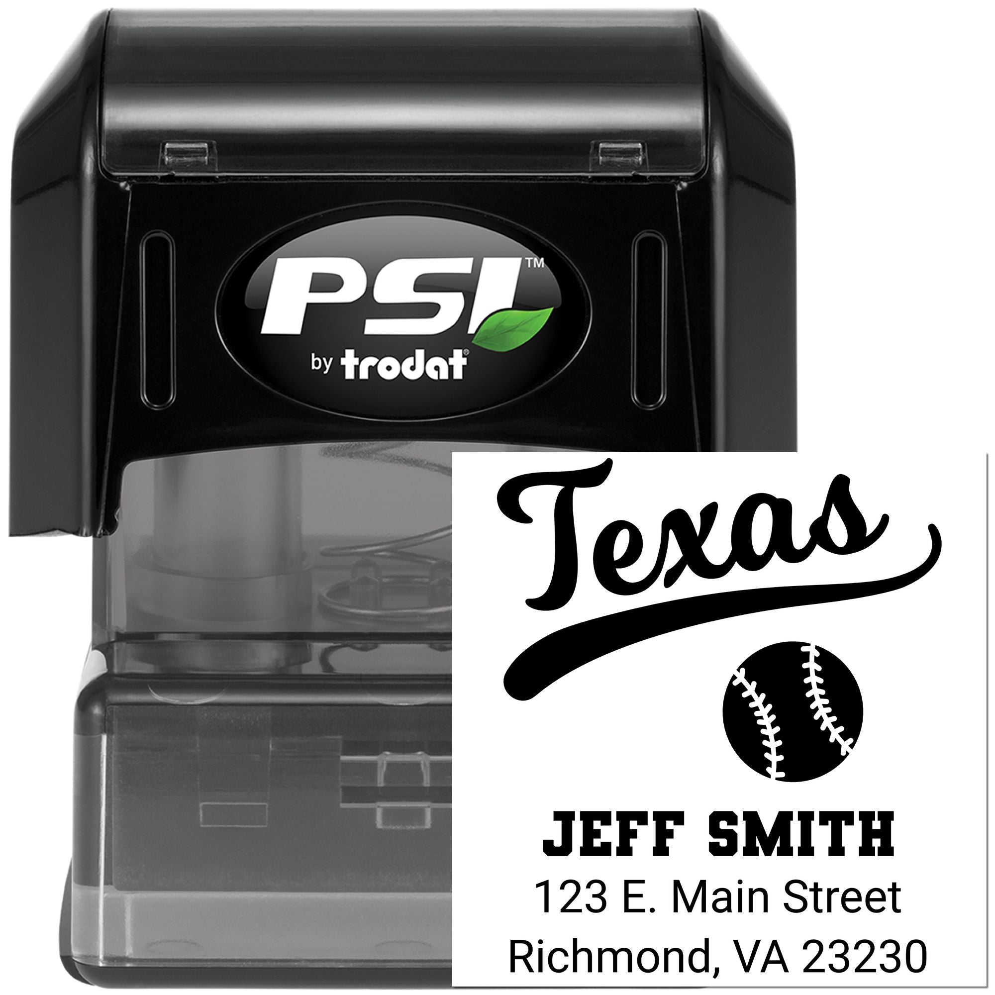 Personalized self-inking rubber stamp for Texas baseball fans with name and address, PSI by Trodat.