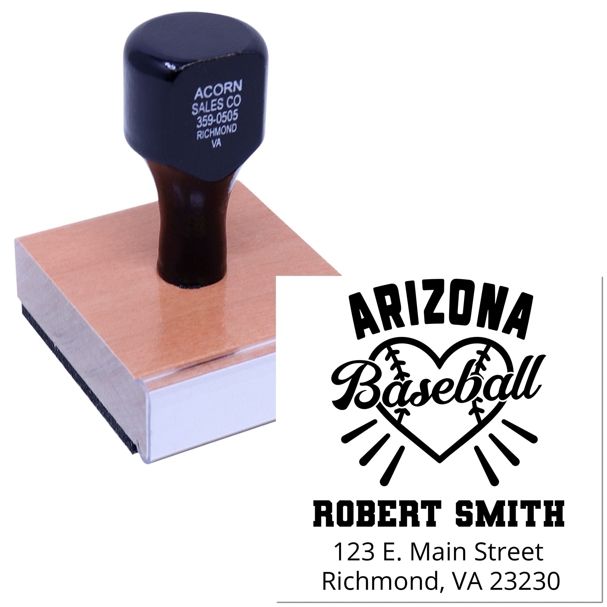 Custom baseball address rubber stamp showing Arizona Baseball design and Robert Smith Richmond, VA return address.