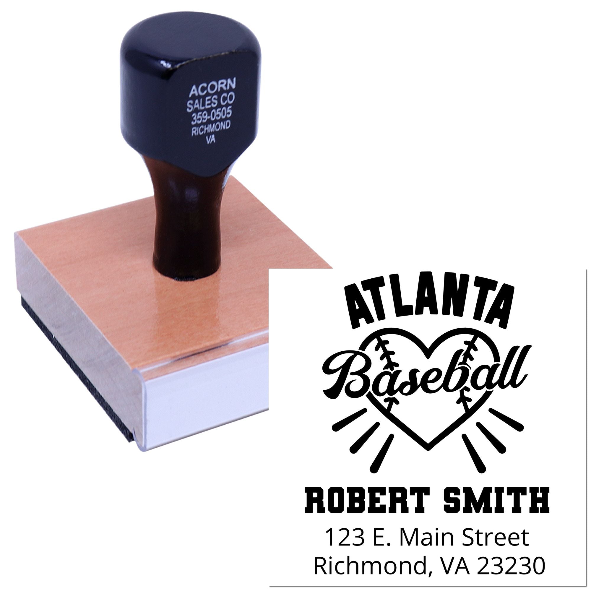 Custom baseball rubber stamp with heart logo and Richmond VA return address for personalized fan stationery.