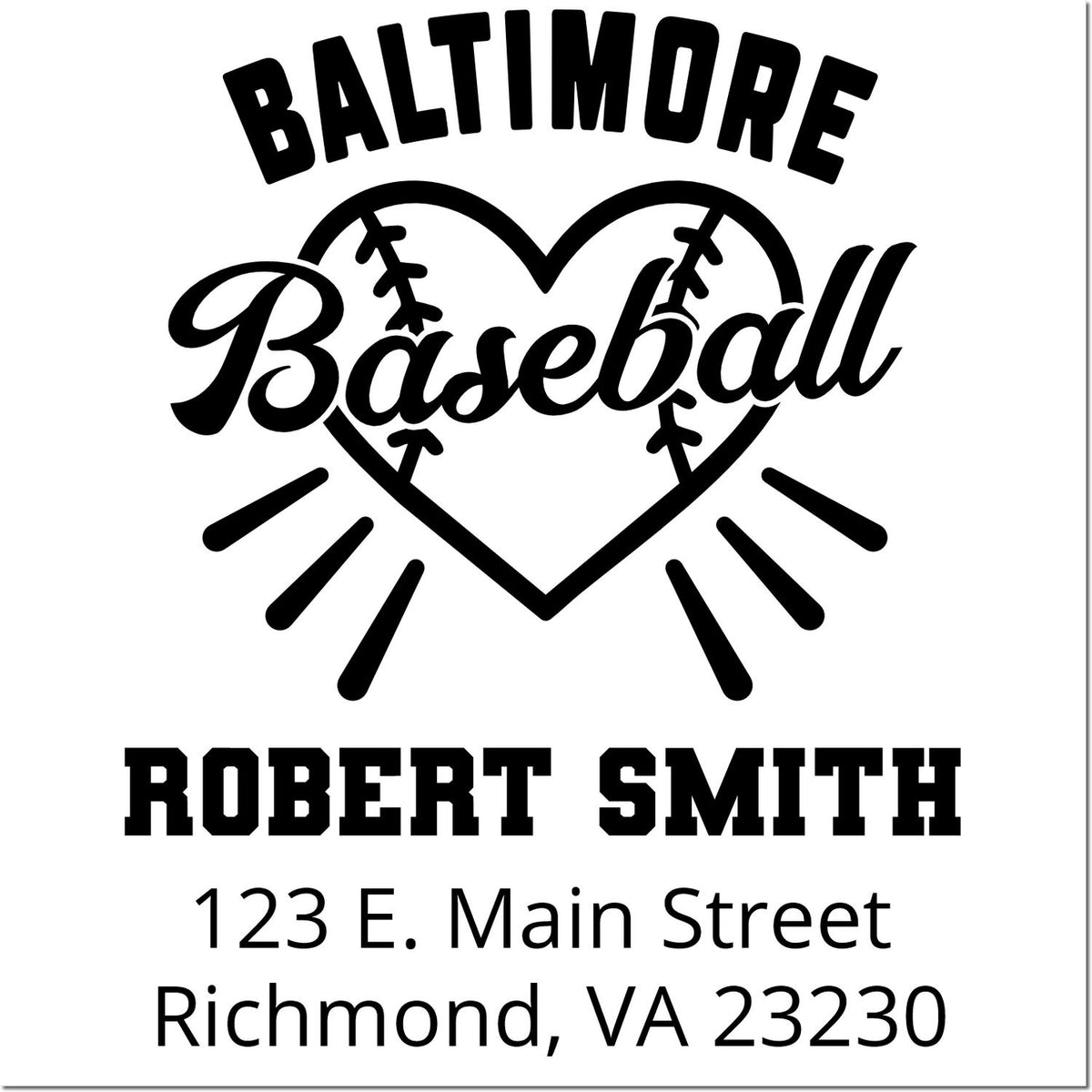 Custom Baltimore baseball rubber stamp with heart and baseball design, Robert Smith name, and Richmond, VA address.