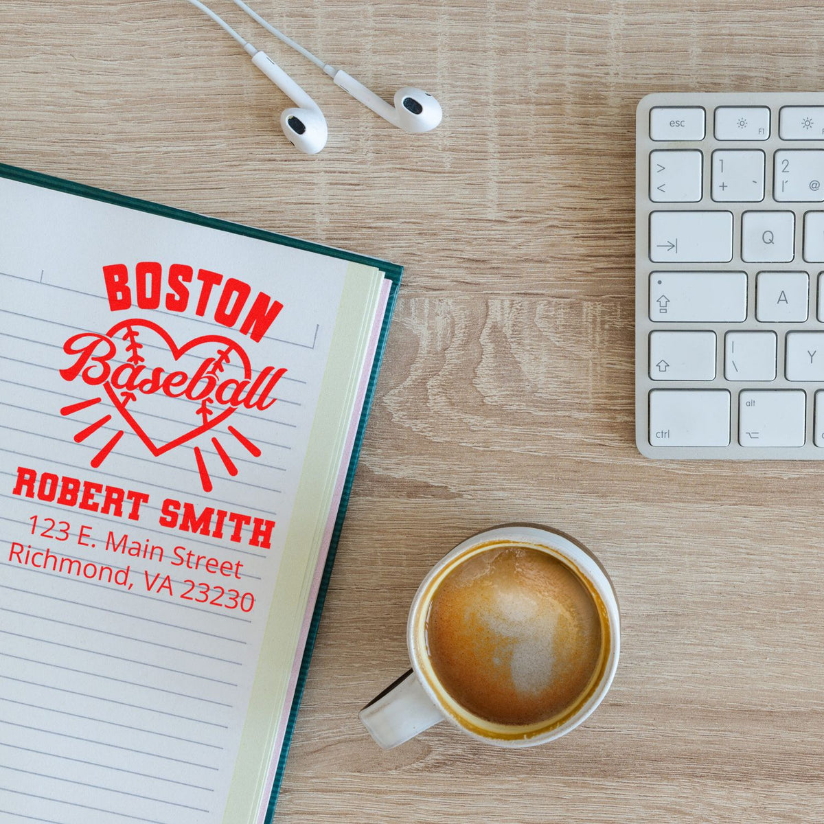 Custom Boston Baseball return address rubber stamp on notebook, personalized with Robert Smith, Richmond, VA.
