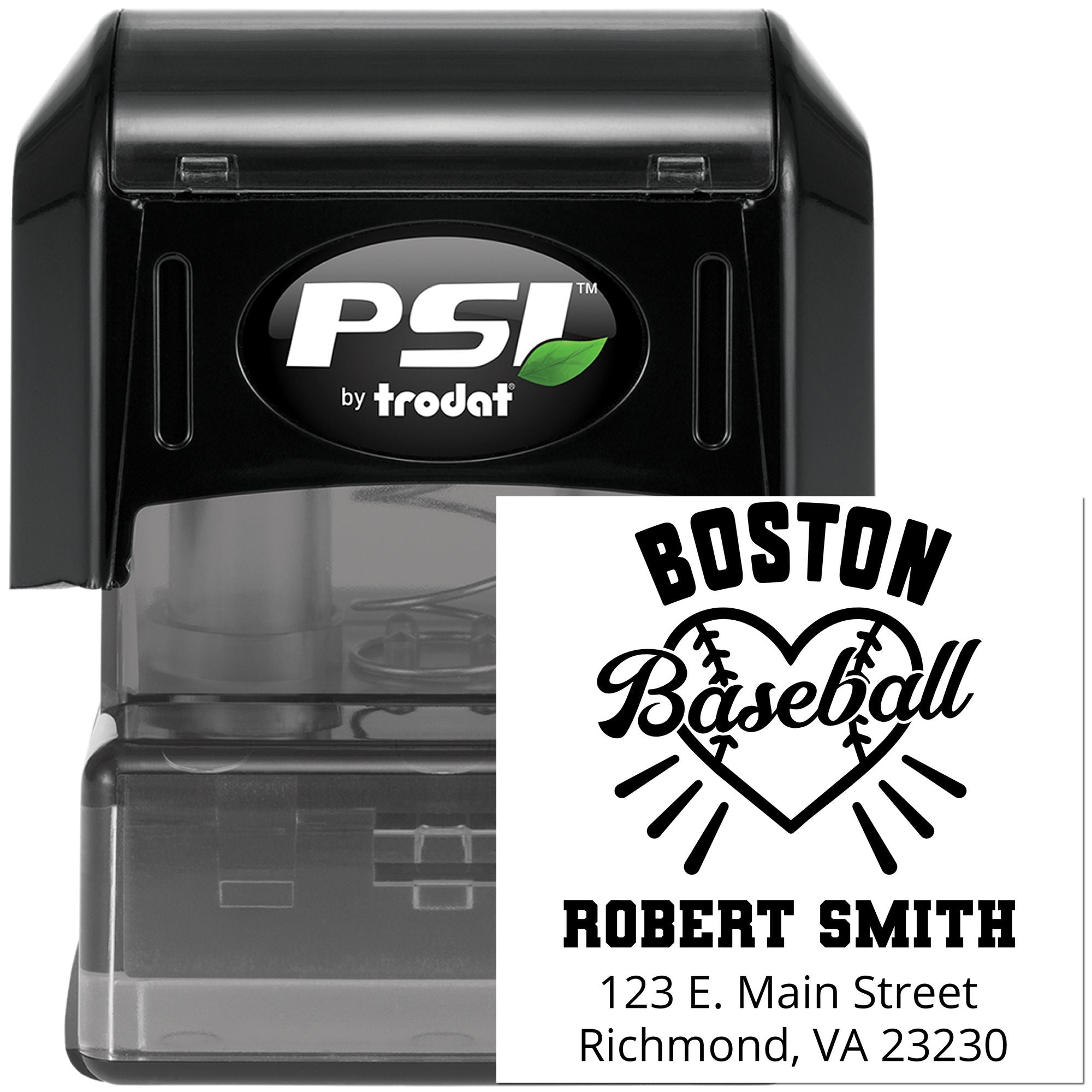 Custom Boston baseball self-inking return address rubber stamp by PSI Trodat with Robert Smith, 123 E. Main Street, Richmond, VA