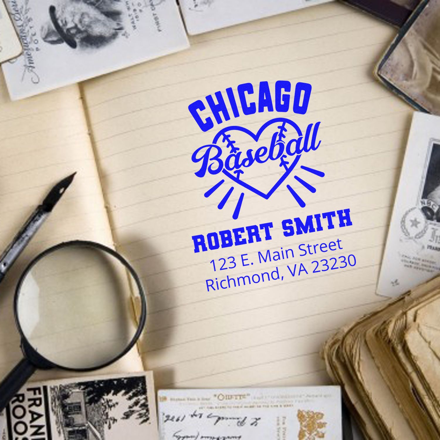 Personalized Chicago Baseball return address rubber stamp with name and address for custom mail and stationery.