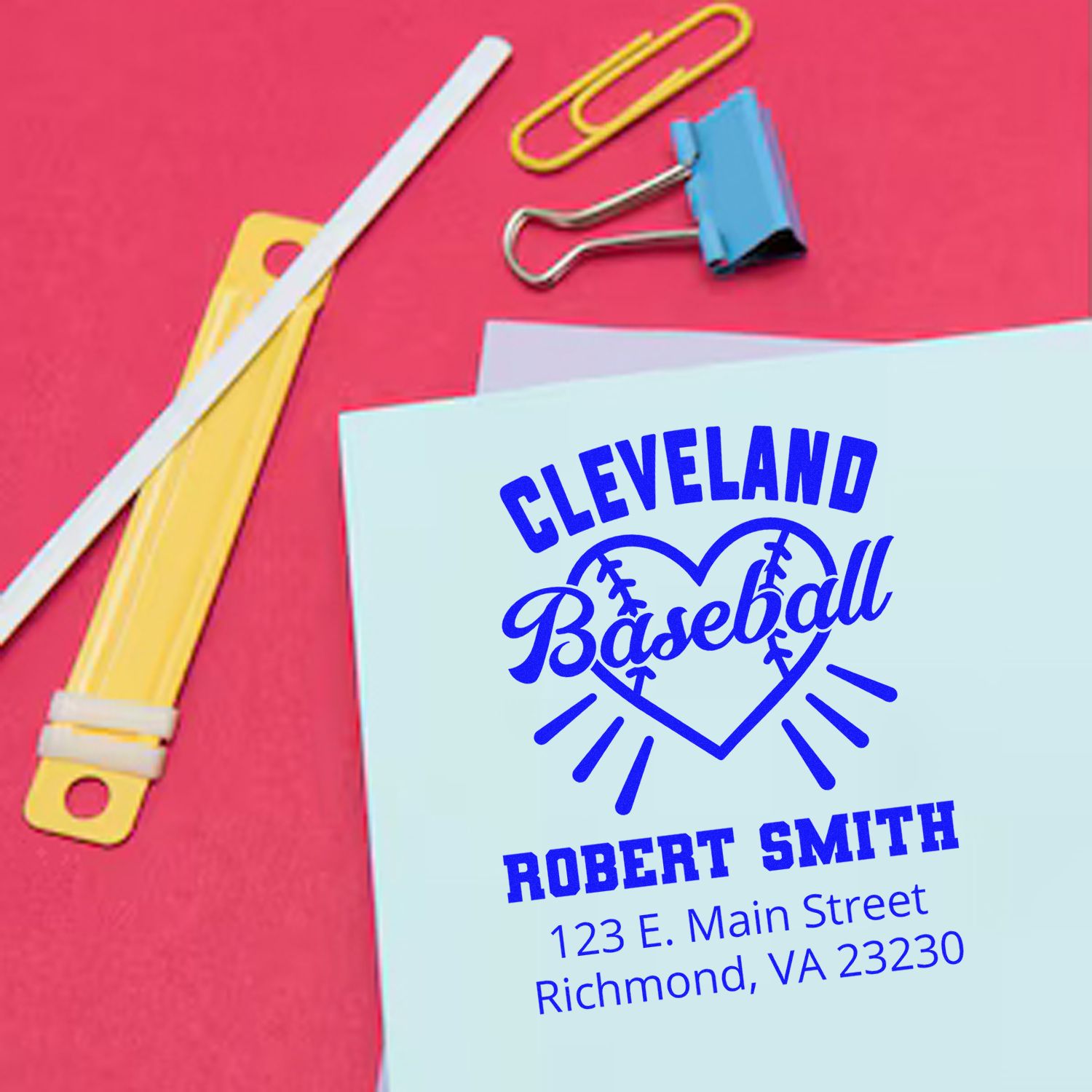 Custom baseball rubber stamp with Cleveland Baseball design and return address for stationery