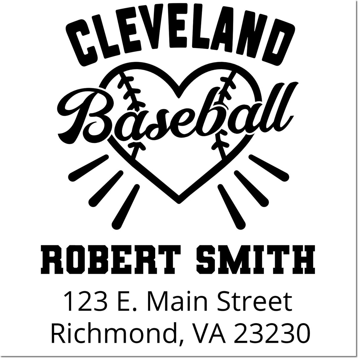 Custom Cleveland Baseball rubber stamp design with heart baseball logo, Robert Smith name, and Richmond, VA address.