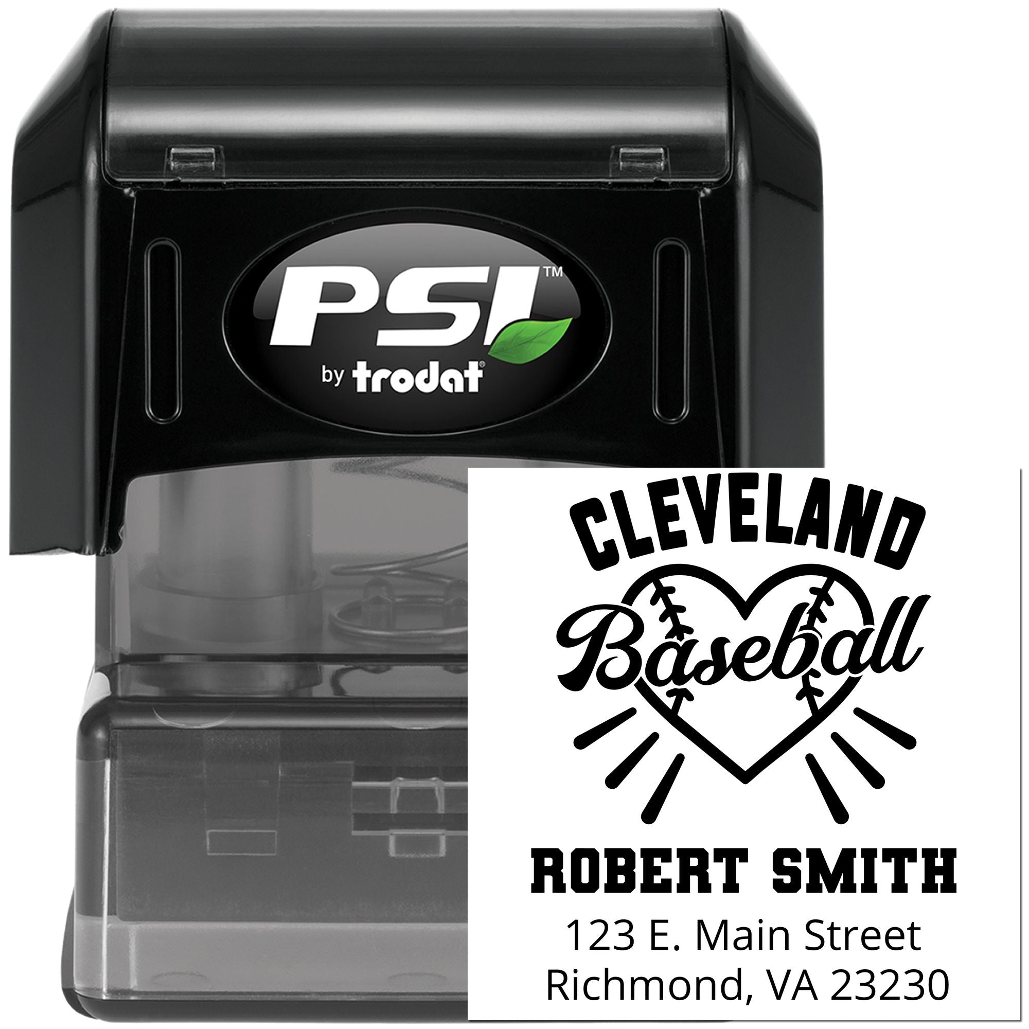 PSI by Trodat self-inking rubber stamp with Cleveland Baseball design, name, and address for personalized mailing.