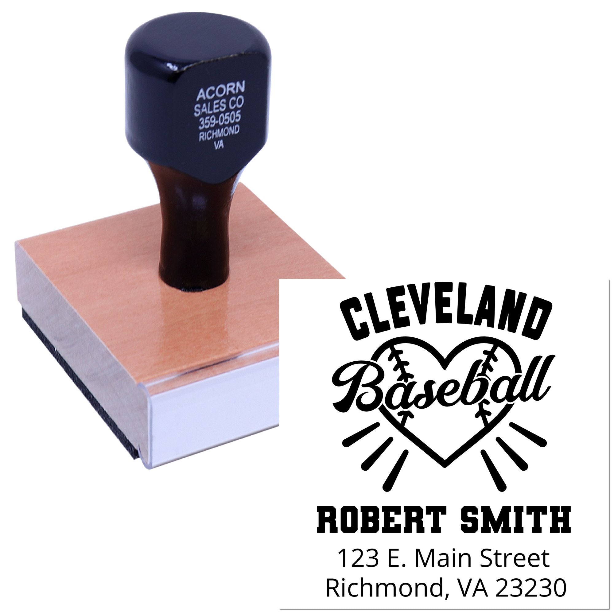 Custom baseball rubber stamp with personalized name, Richmond, VA address, and heart logo for return-address branding.