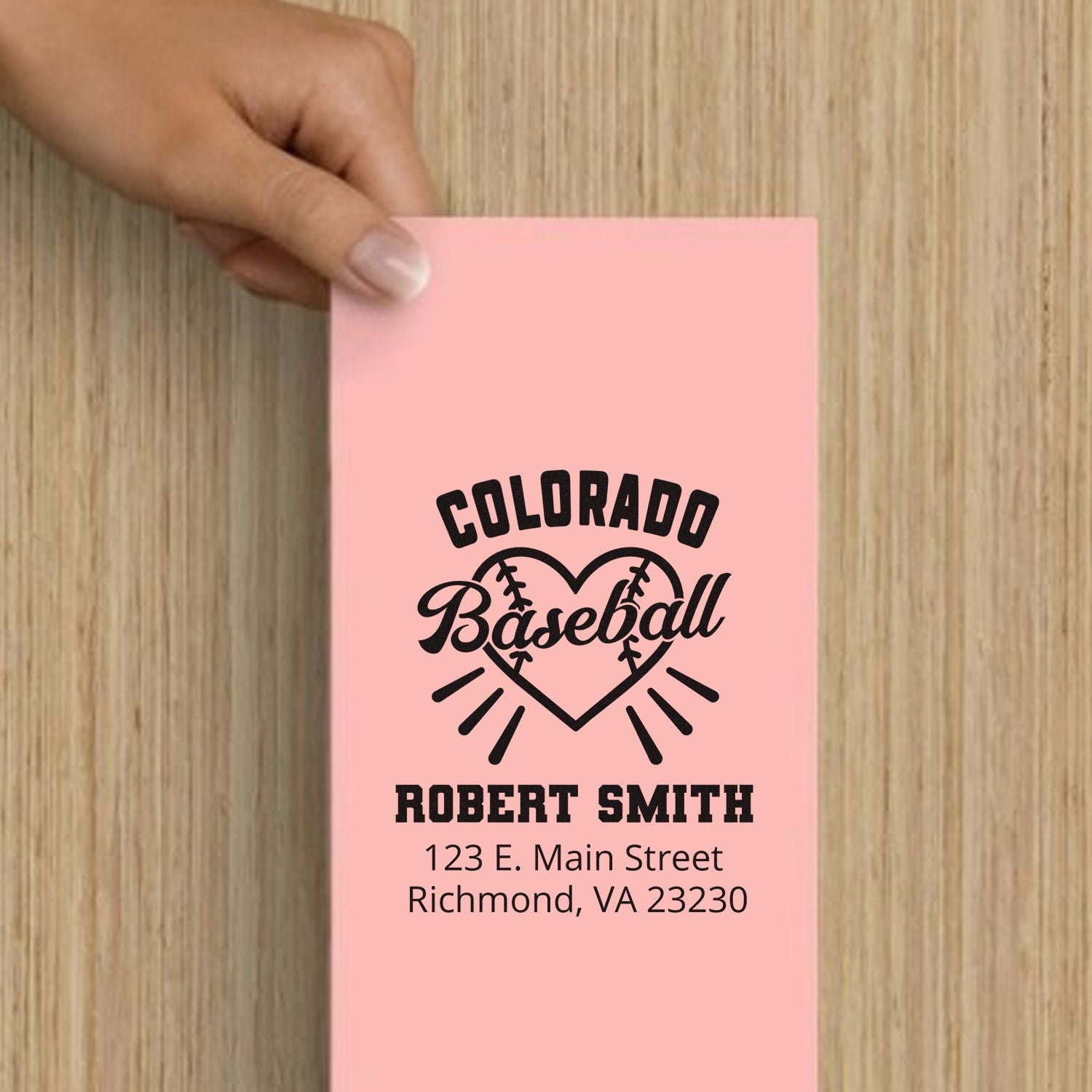 Custom Colorado baseball return address stamp with heart logo, Robert Smith name, and Richmond, VA address.