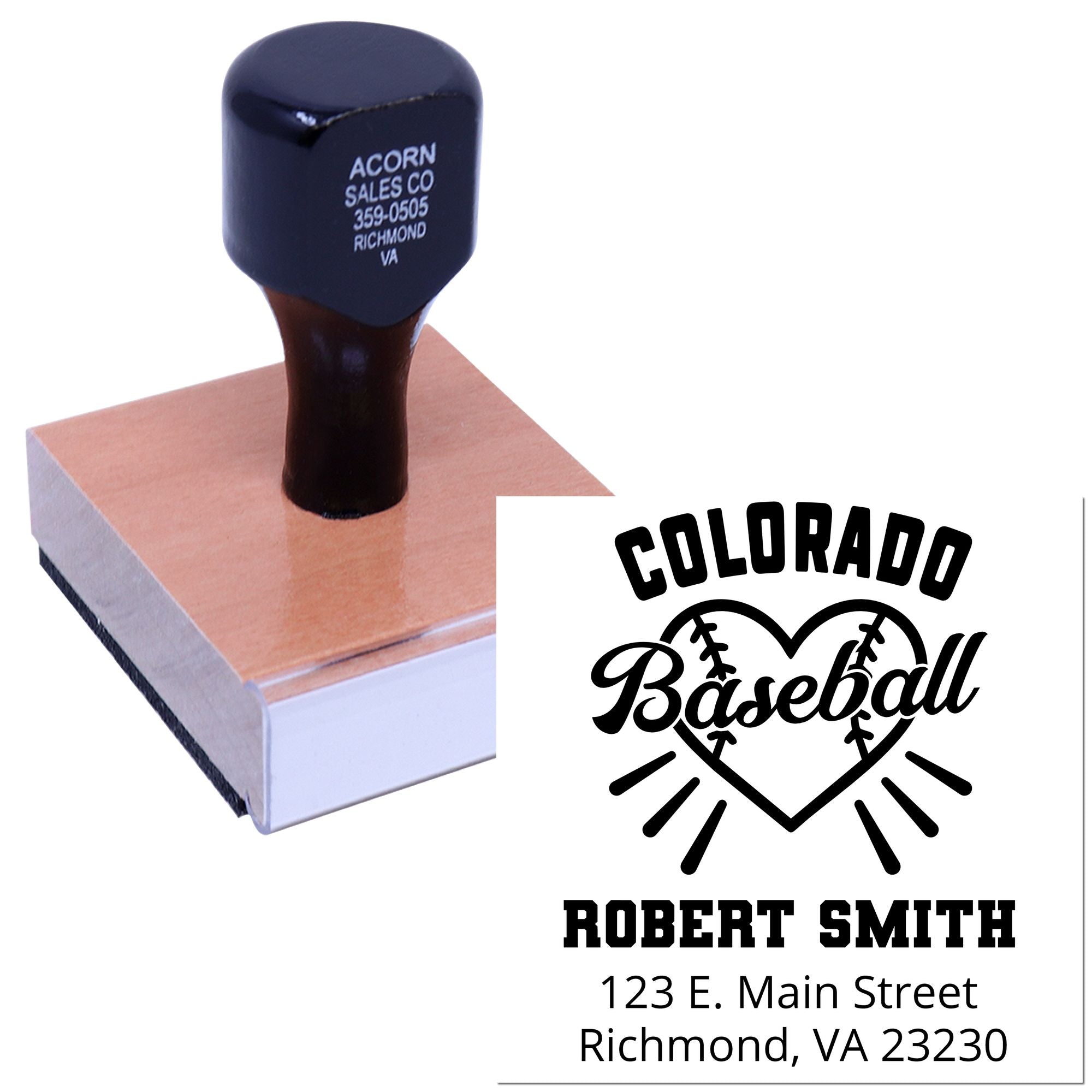 Custom rubber stamp for Colorado baseball, featuring Robert Smith name and Richmond, VA address for branded mailing.
