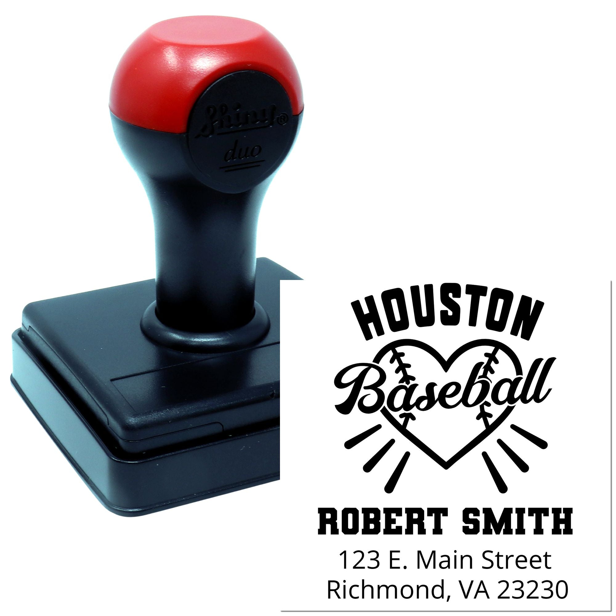 Custom baseball rubber stamp with personalized name and address, featuring a baseball heart logo.