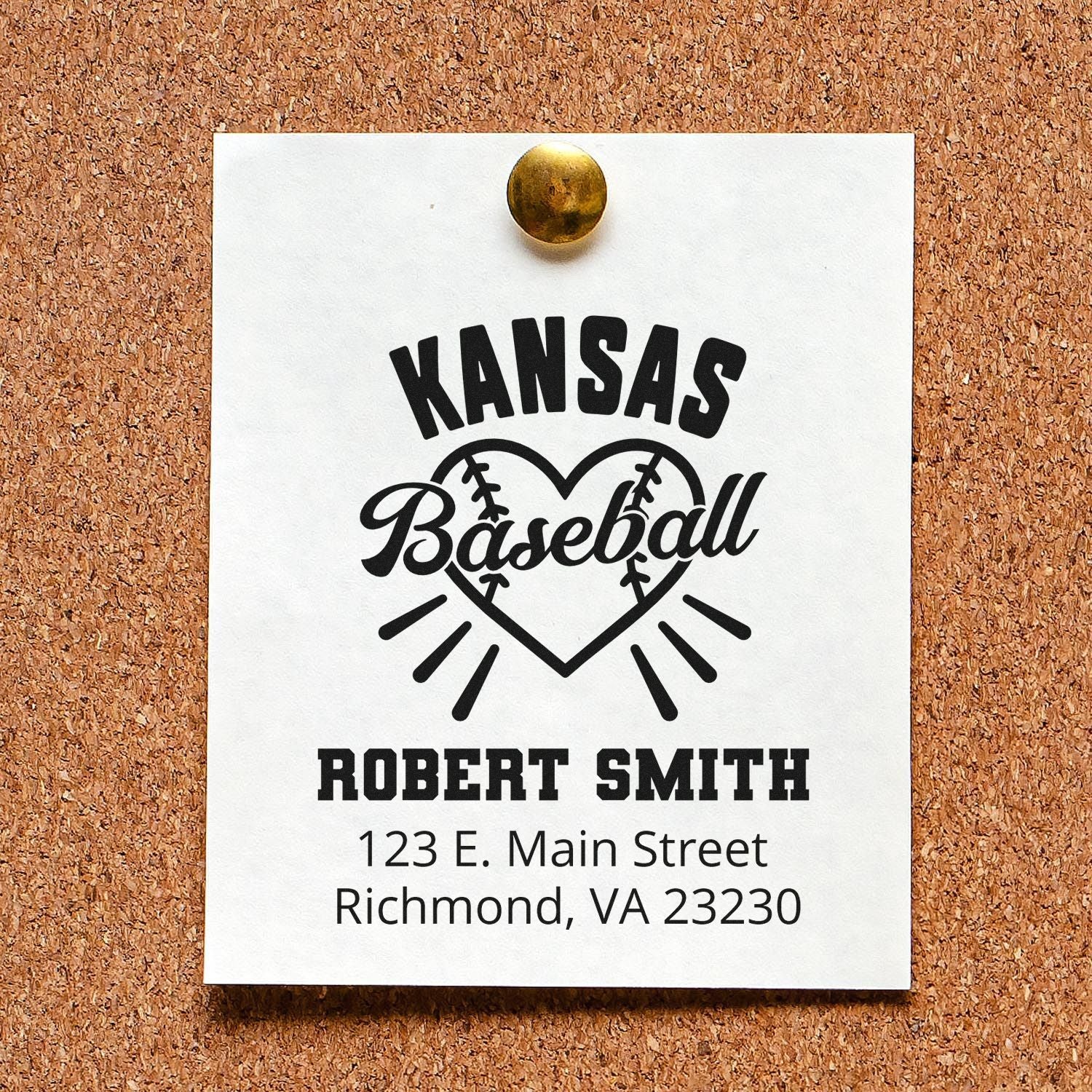 Custom Kansas baseball return address rubber stamp with Robert Smith name and Richmond, VA address on a pinned note.