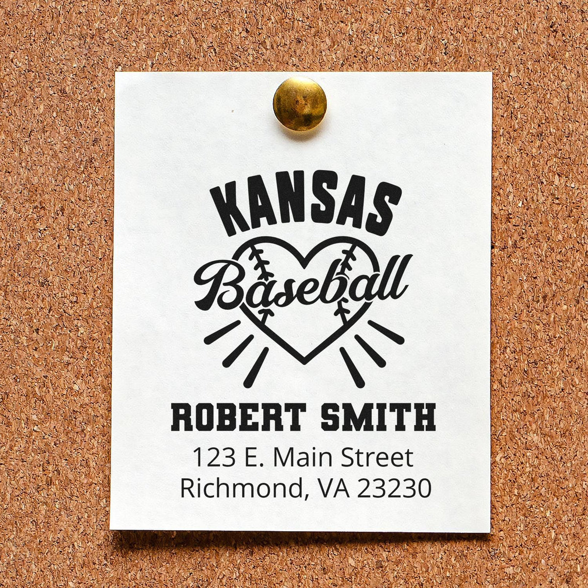Custom Kansas Baseball address rubber stamp with heart design, Robert Smith name, and Richmond, VA return address.