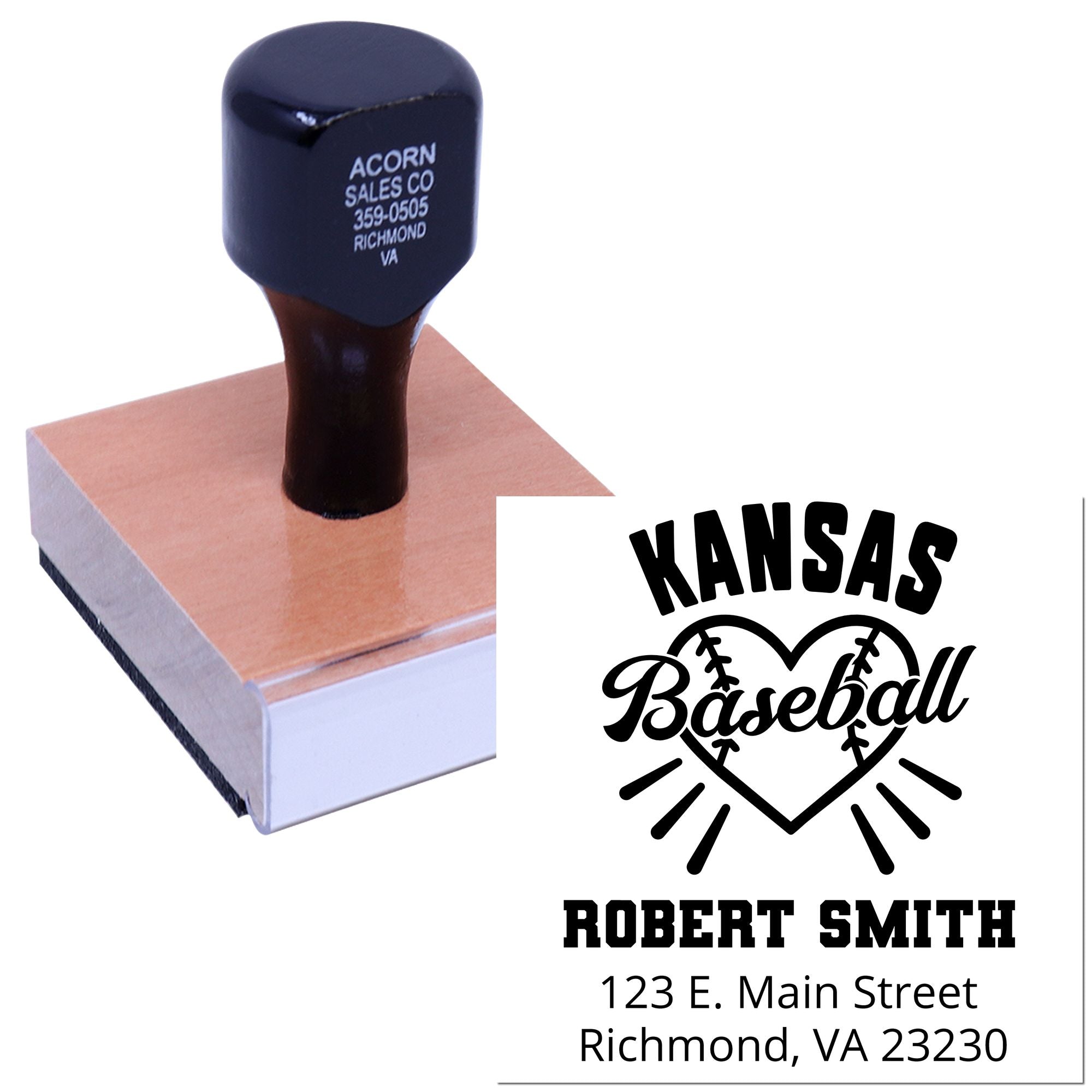 Custom baseball return address rubber stamp with Kansas heart design, Robert Smith, and Richmond, VA address.