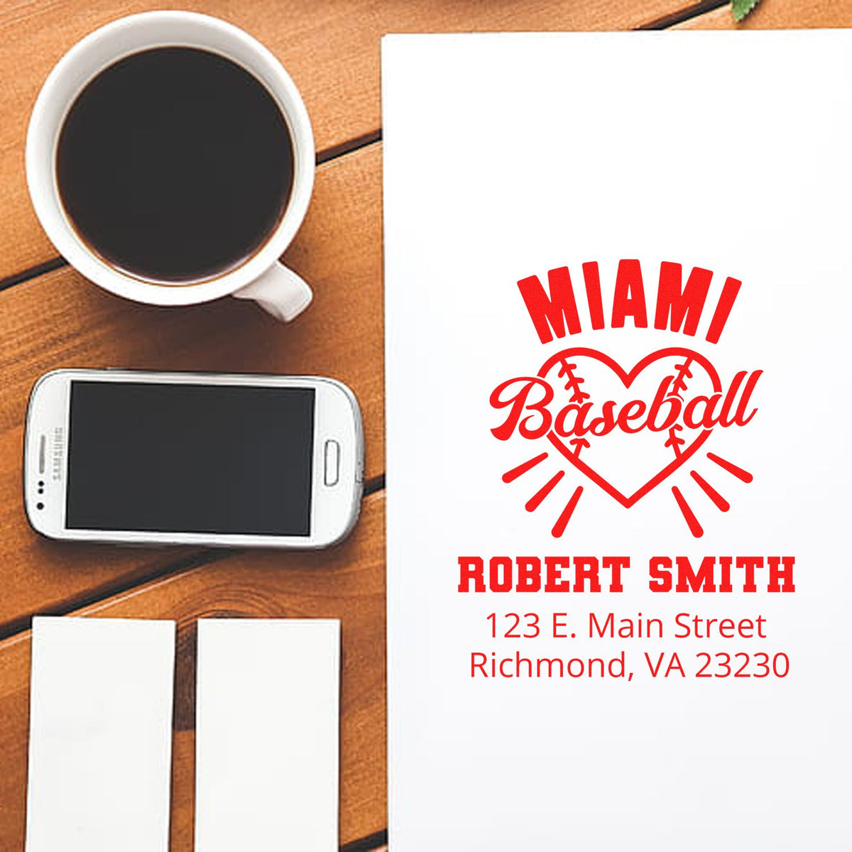 Personalized Miami baseball rubber stamp design with name and address, ideal for custom sports stationery, gifts, and branding.