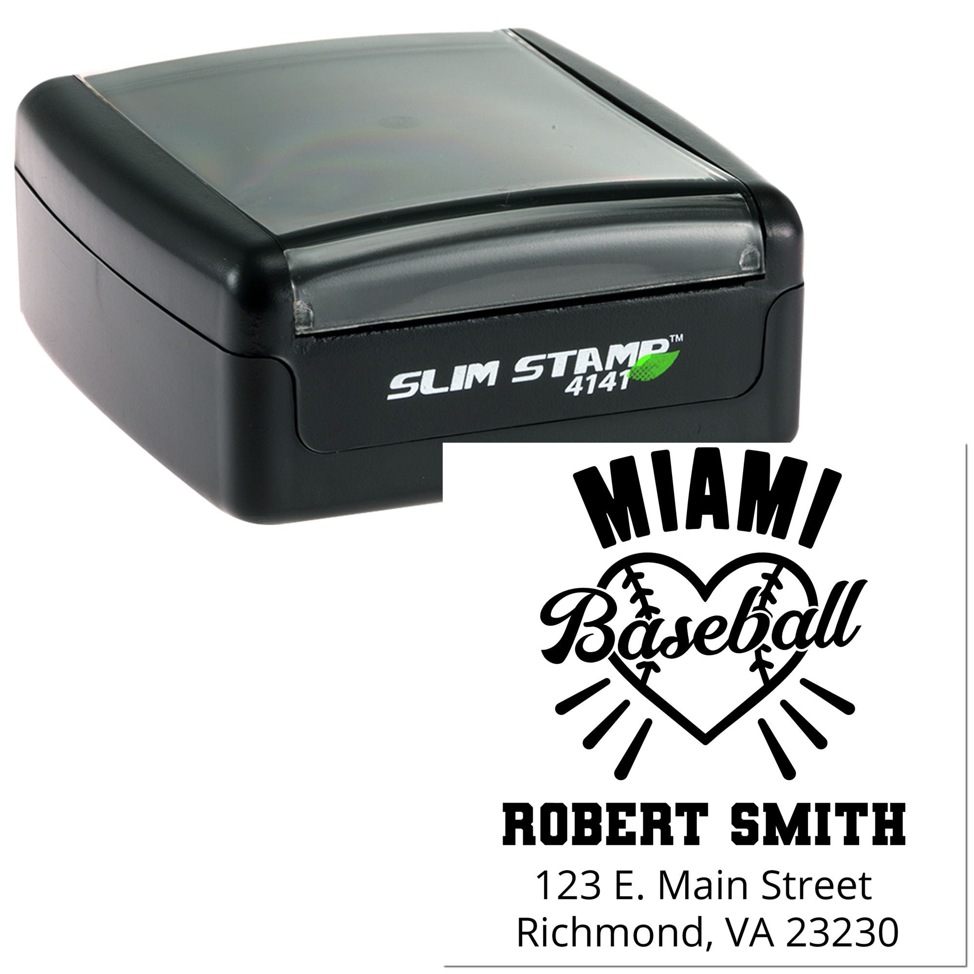Personalized baseball self-inking rubber stamp with Miami Baseball, Robert Smith, and Richmond, VA address imprint.