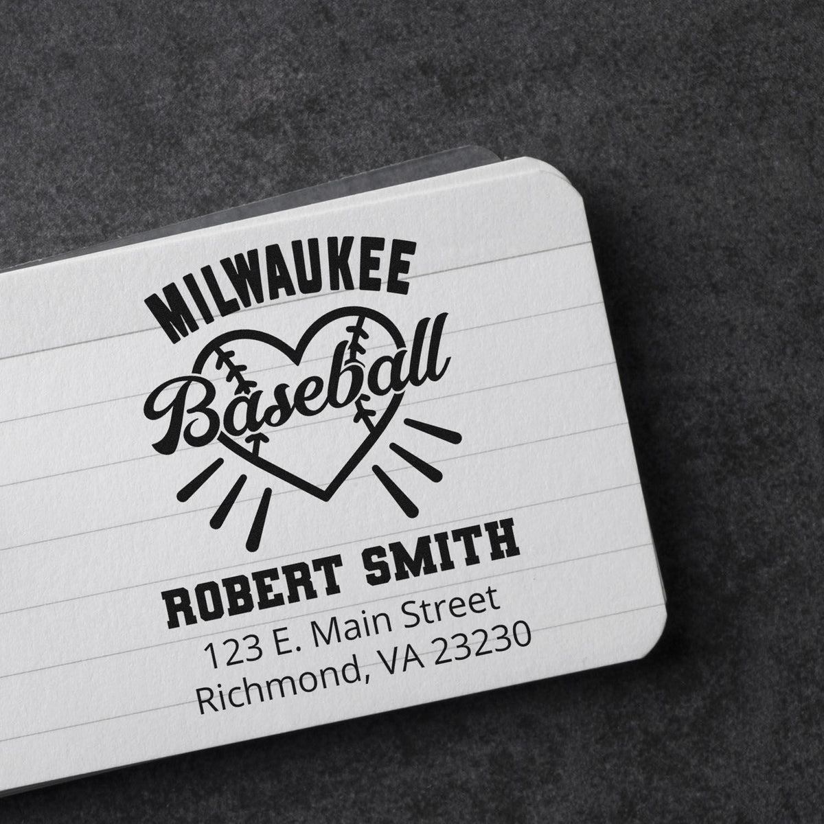 Custom Milwaukee baseball rubber stamp with Robert Smith name and Richmond, VA address on lined paper.