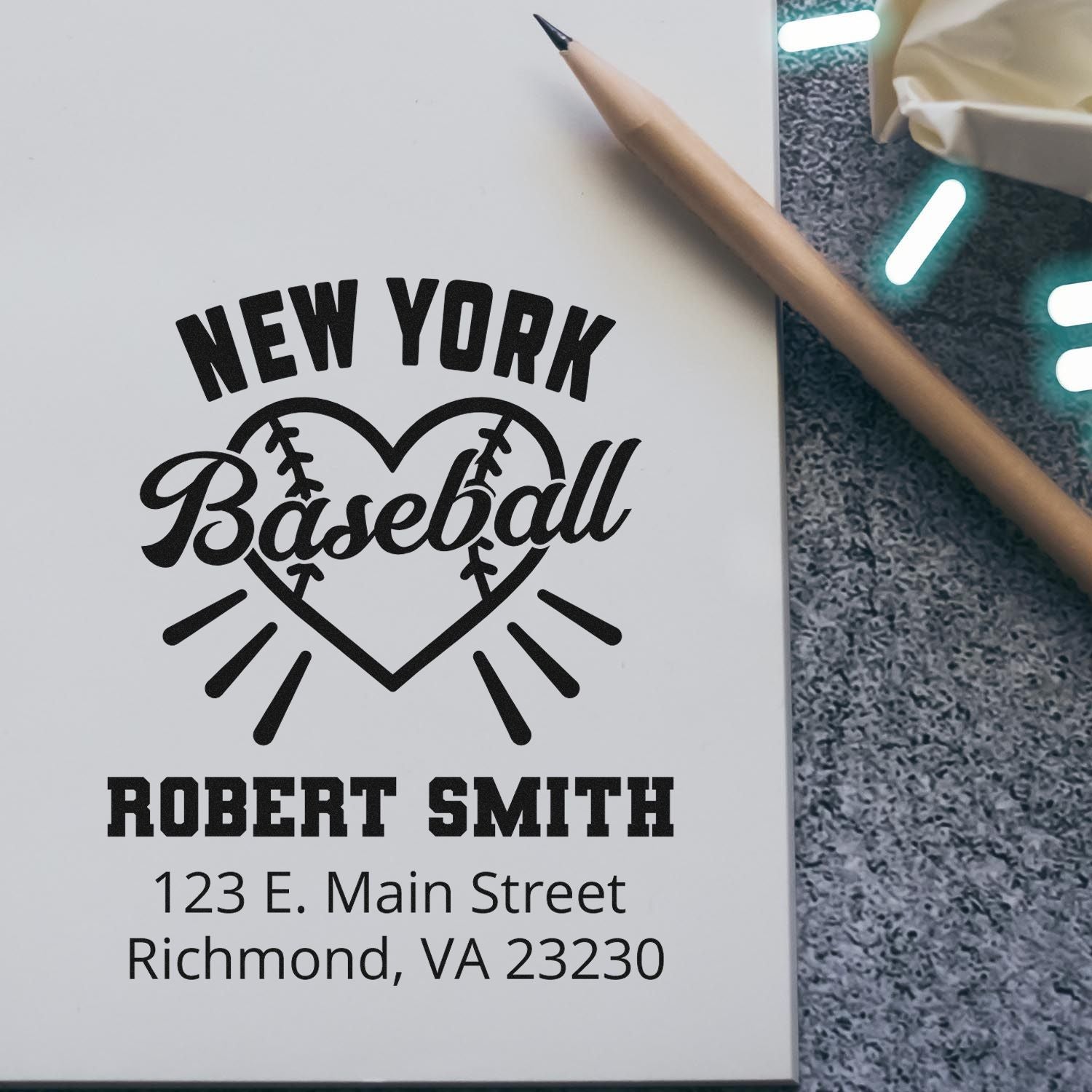 Personalized New York baseball rubber stamp with name and address for Robert Smith, featuring a heart baseball logo.