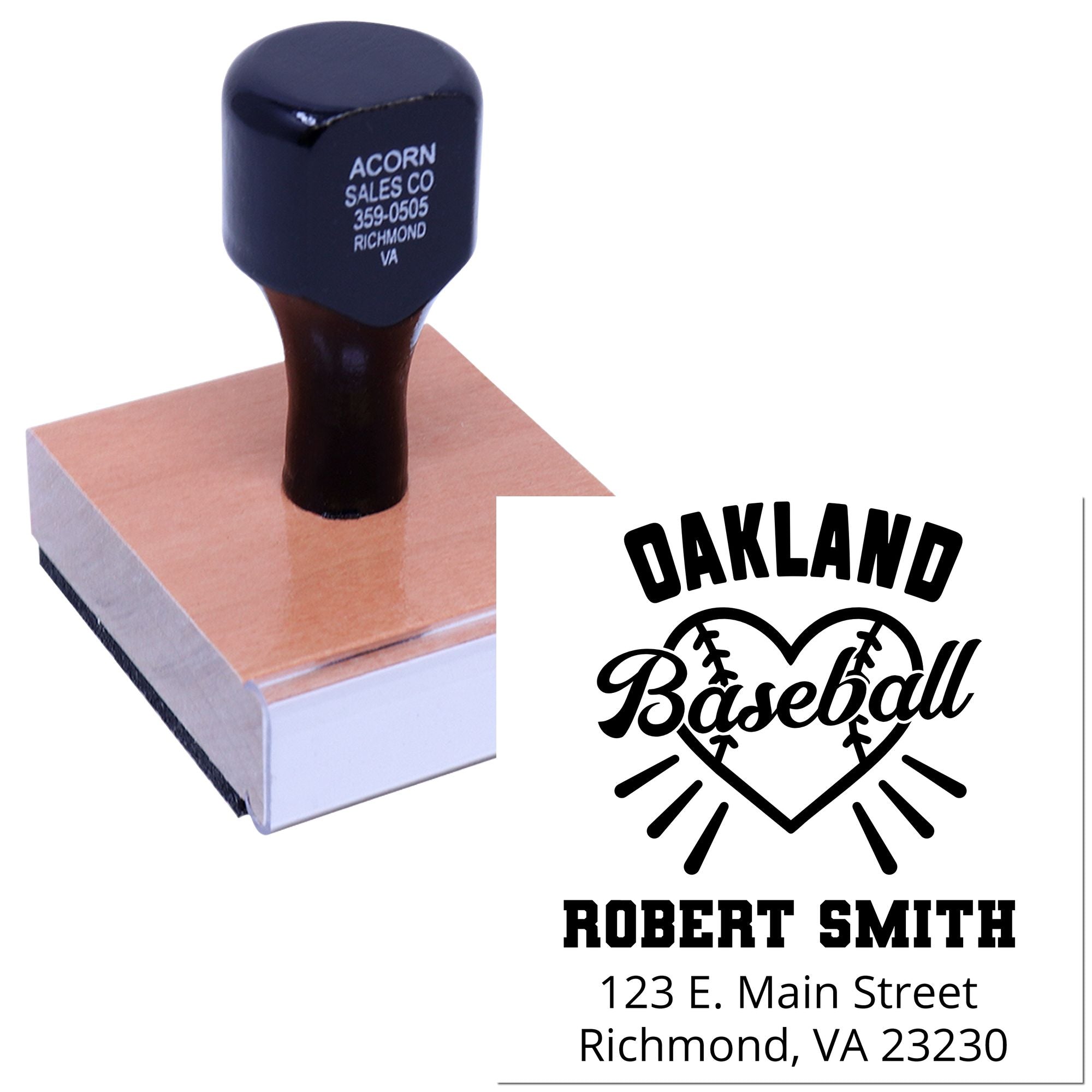 Custom baseball rubber stamp showing personalized name and address imprint for Oakland Baseball, Robert Smith, Richmond, VA.