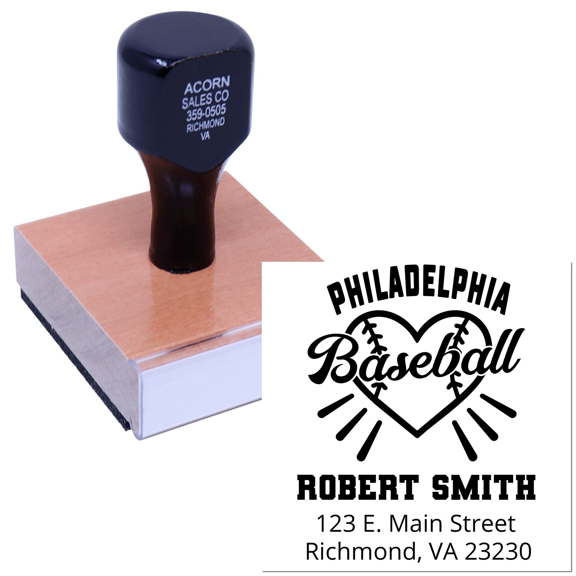 Custom baseball rubber address stamp design for Philadelphia Baseball, Robert Smith, 123 E. Main Street, Richmond, VA 23230
