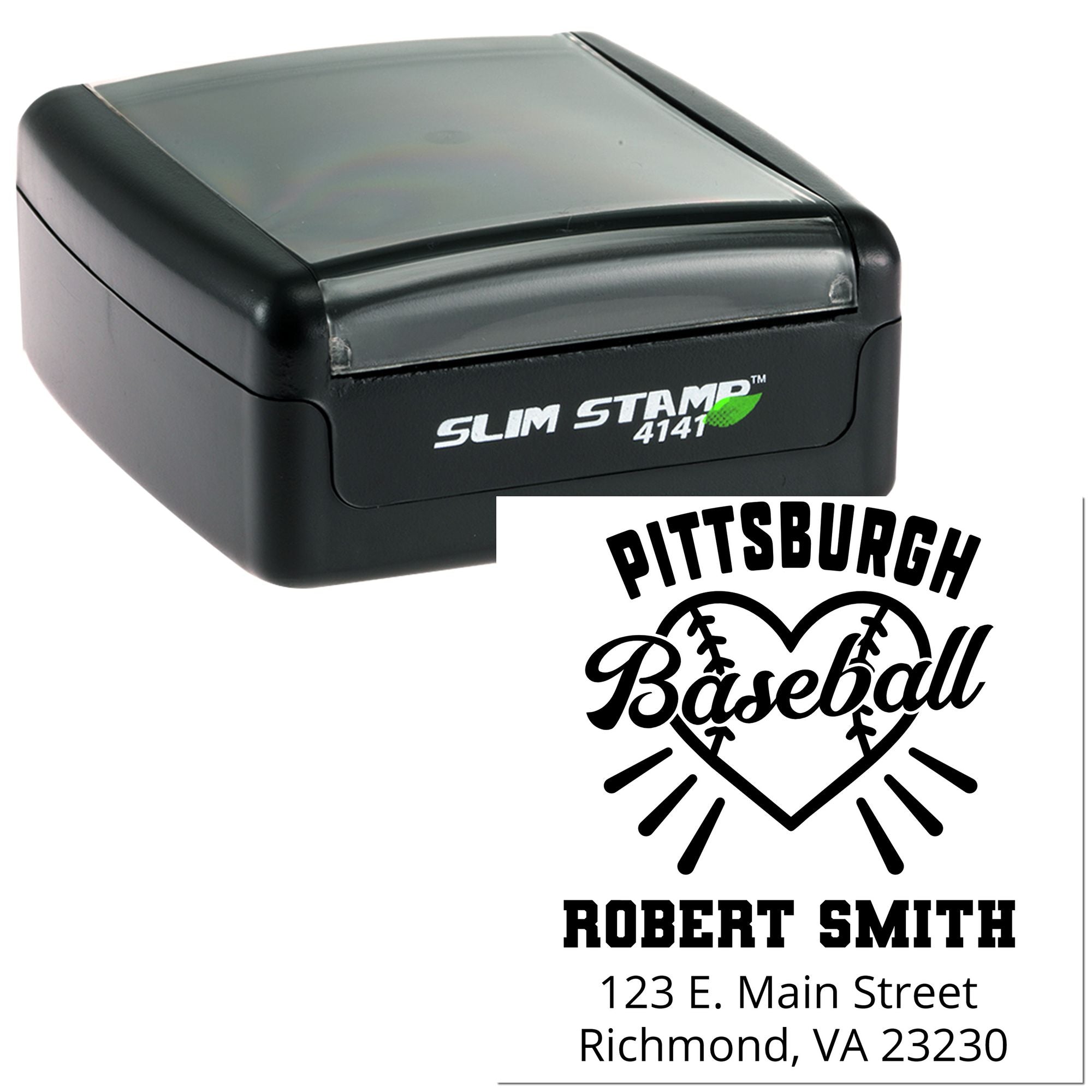 Custom self-inking rubber stamp with Pittsburgh Baseball logo, Robert Smith name, and address for business or personal use.