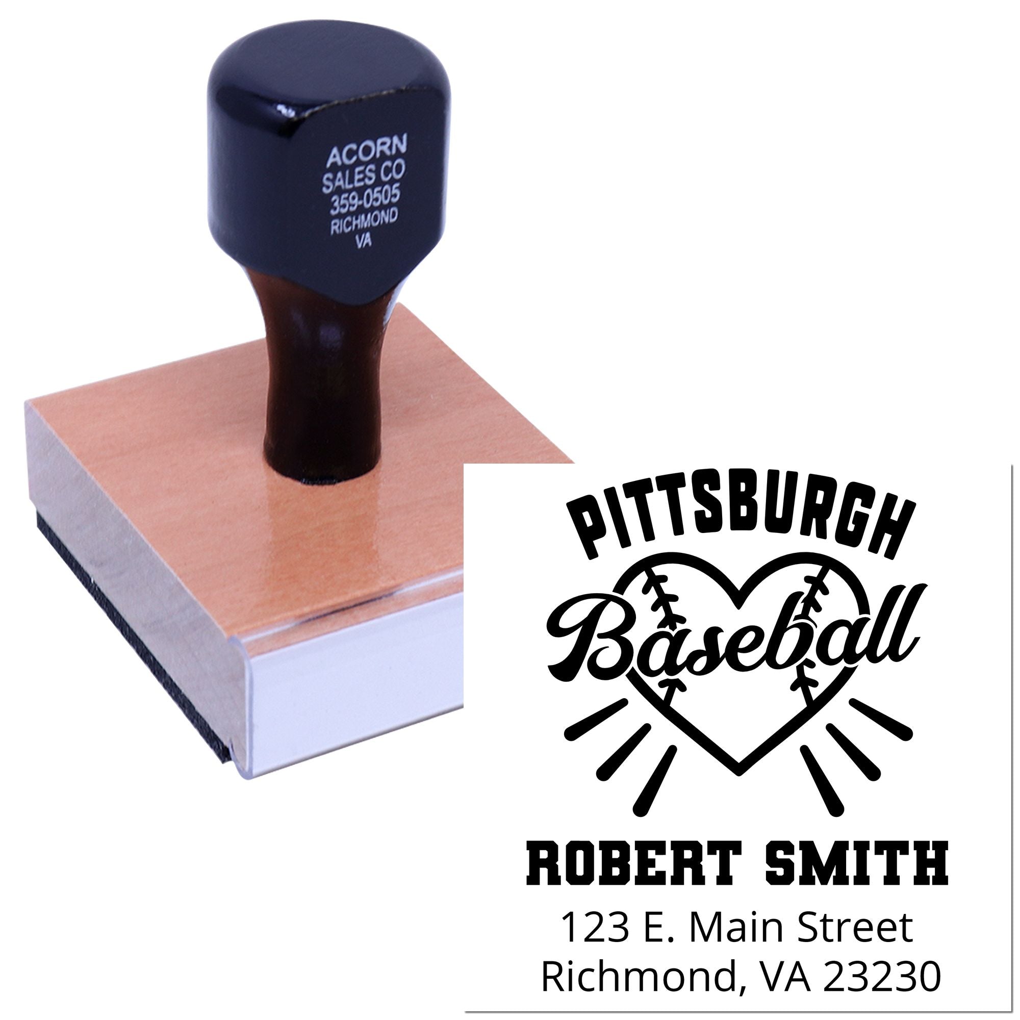 Custom baseball address rubber stamp with Pittsburgh Baseball logo for personalized return-address stamping.
