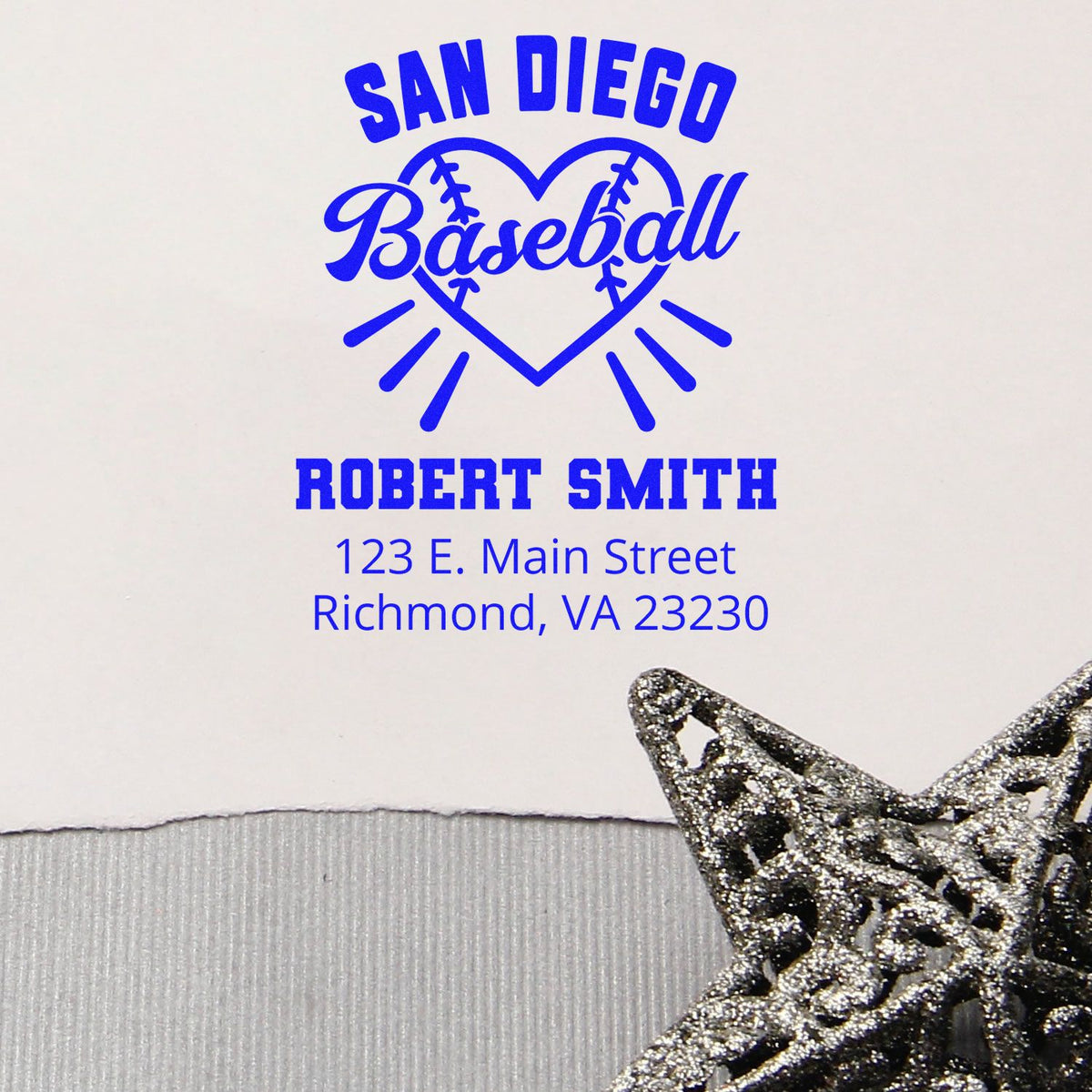 Custom rubber stamp design for San Diego Baseball with Robert Smith name and Richmond, VA 23230 address.