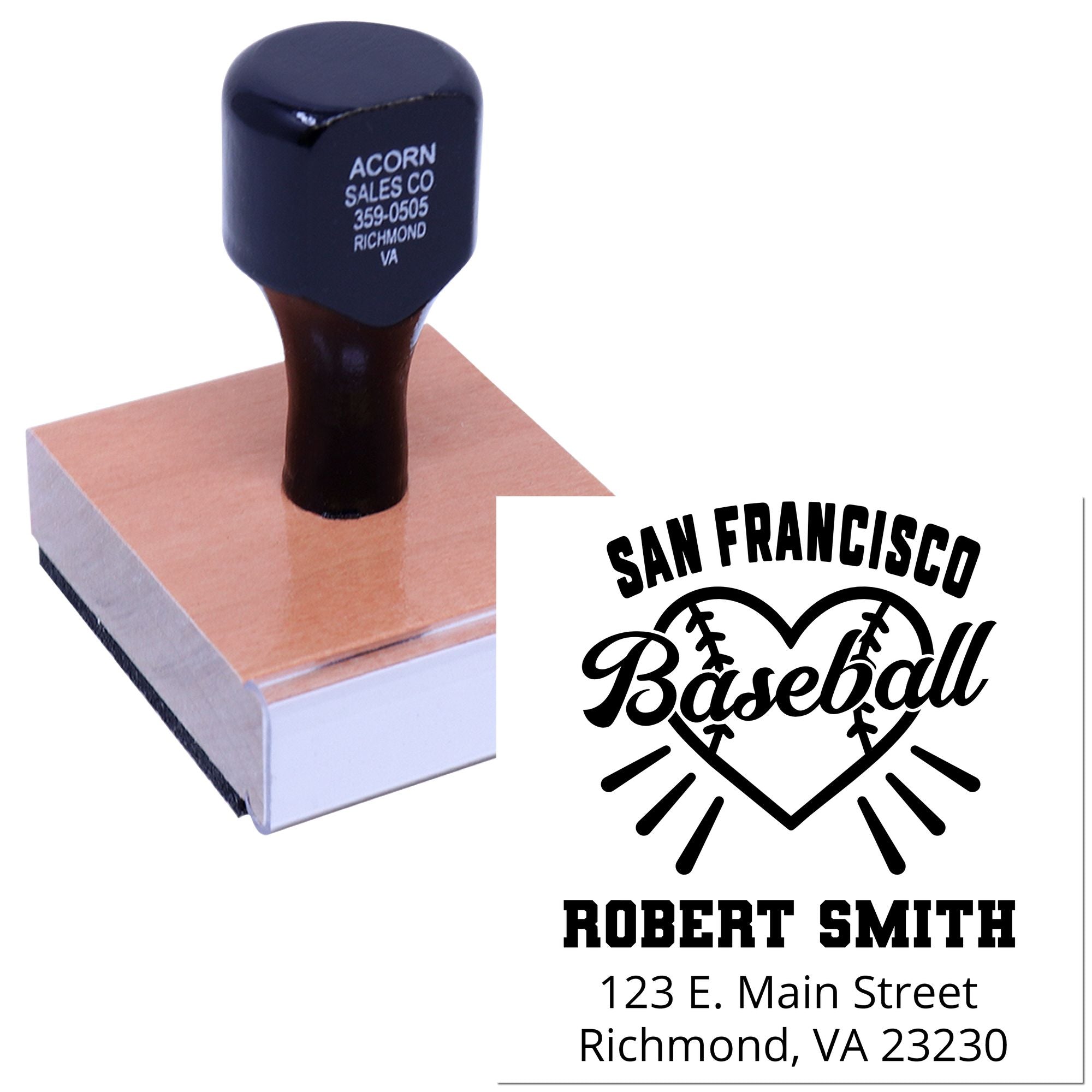 Custom baseball rubber stamp with personalized name and address for team branding, invitations, and mailings.