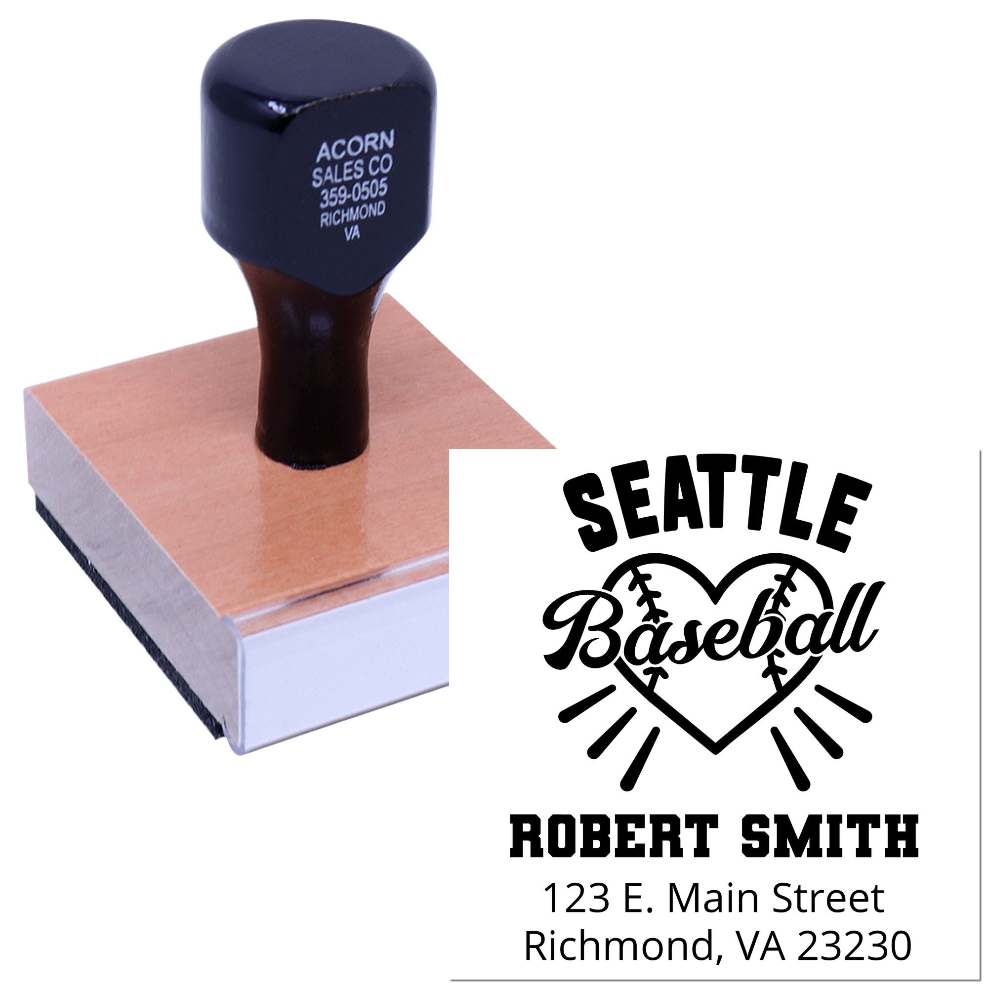 Seattle Baseball custom rubber stamp with name and address for personalized mailing and business branding.