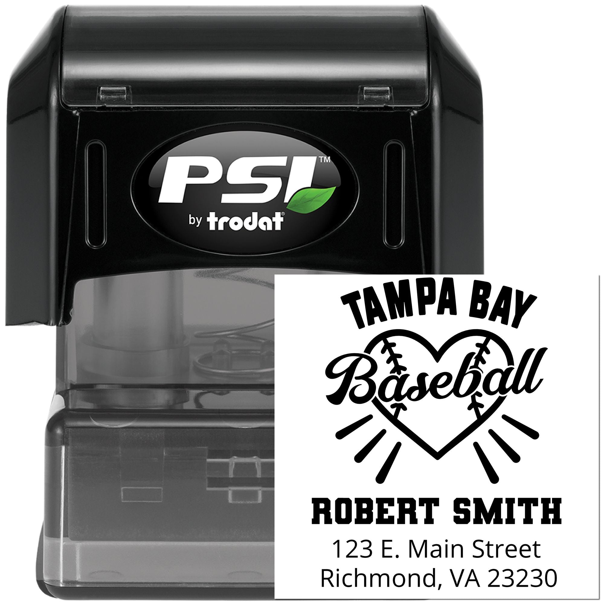 Custom self-inking rubber stamp with Tampa Bay Baseball return address design, Robert Smith, Richmond, VA