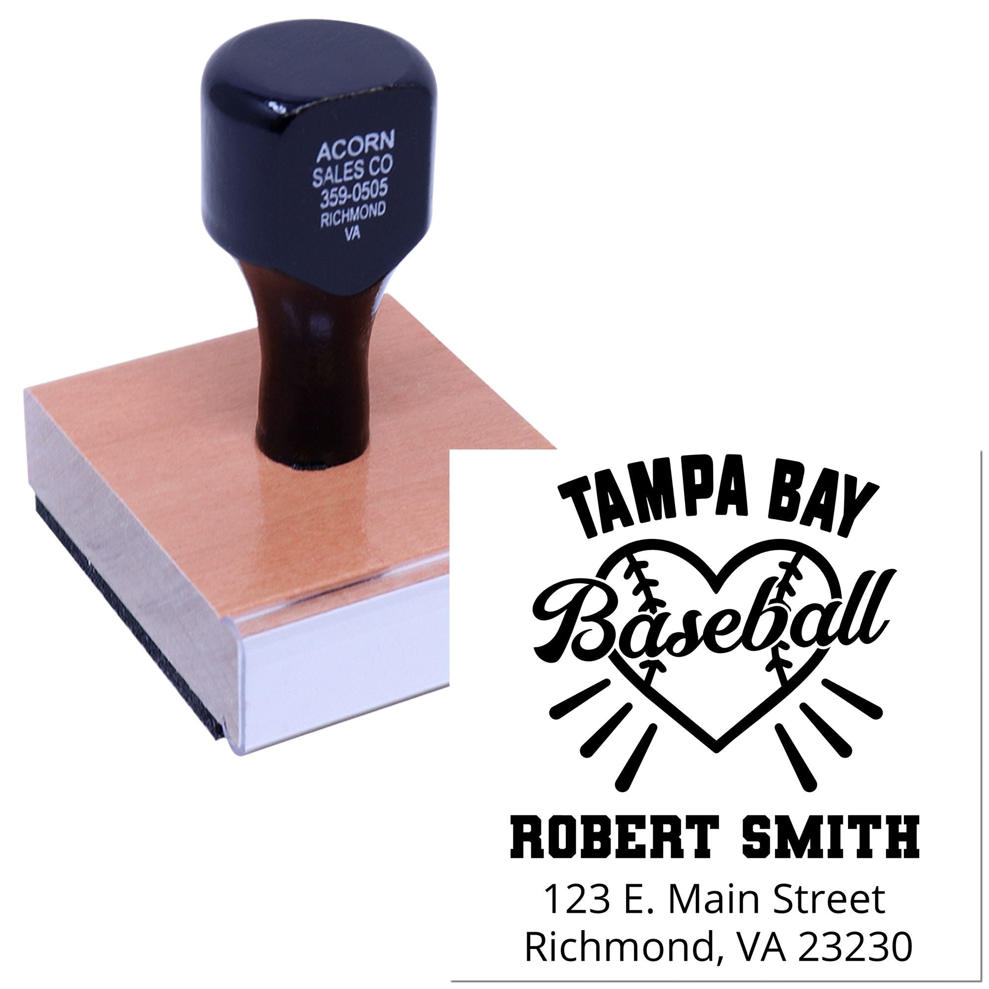 Custom rubber stamp with Tampa Bay Baseball logo, Robert Smith name, and address for branded sports mailing.