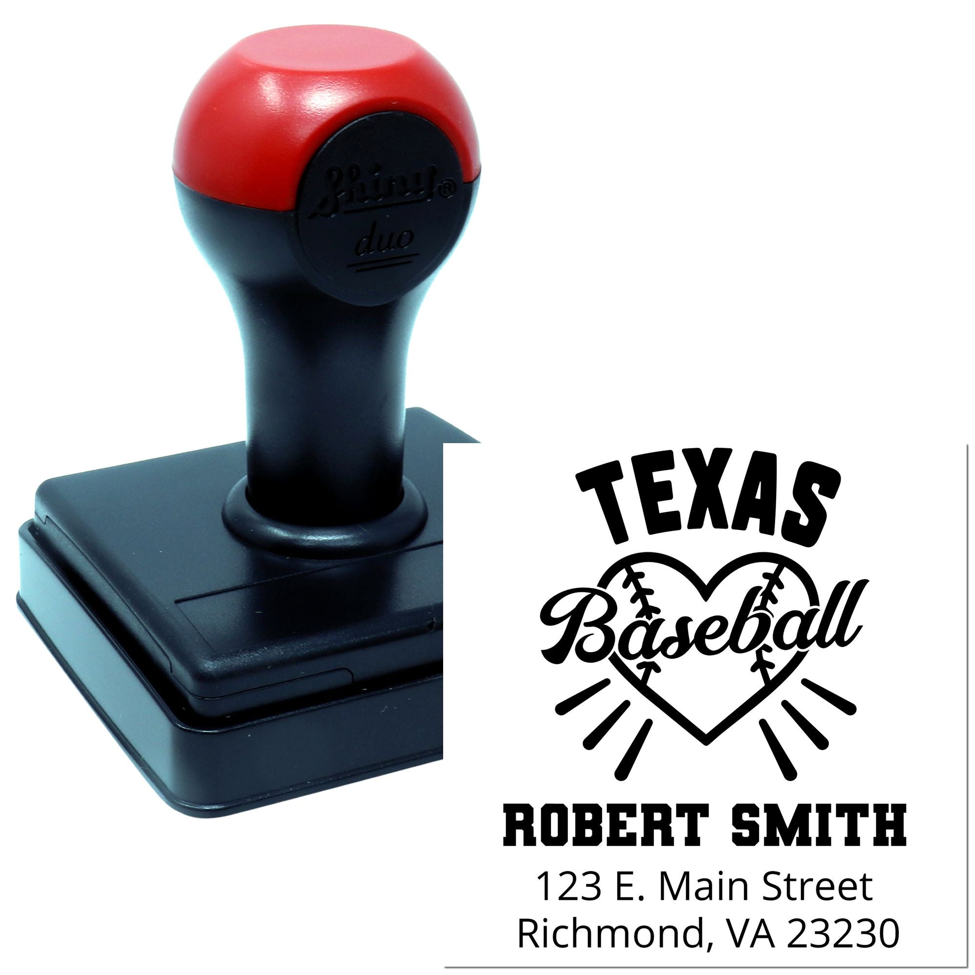 Custom Texas Baseball self-inking rubber stamp with Robert Smith name and Richmond, VA address for personalized mailing.