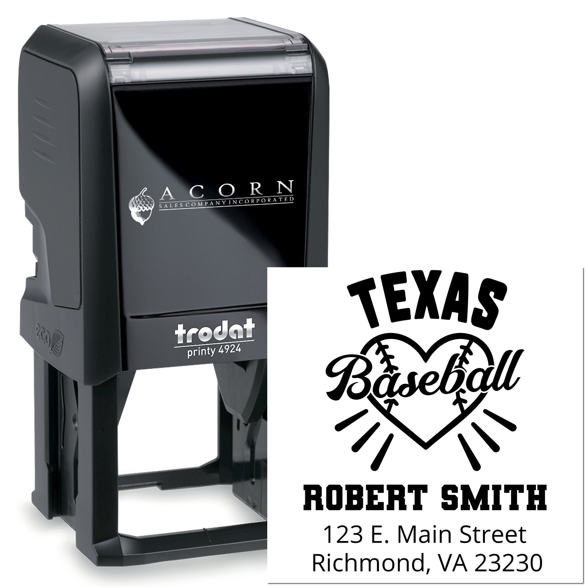 Custom self-inking rubber stamp with Texas Baseball design, Robert Smith name, and address for mailing and branding.