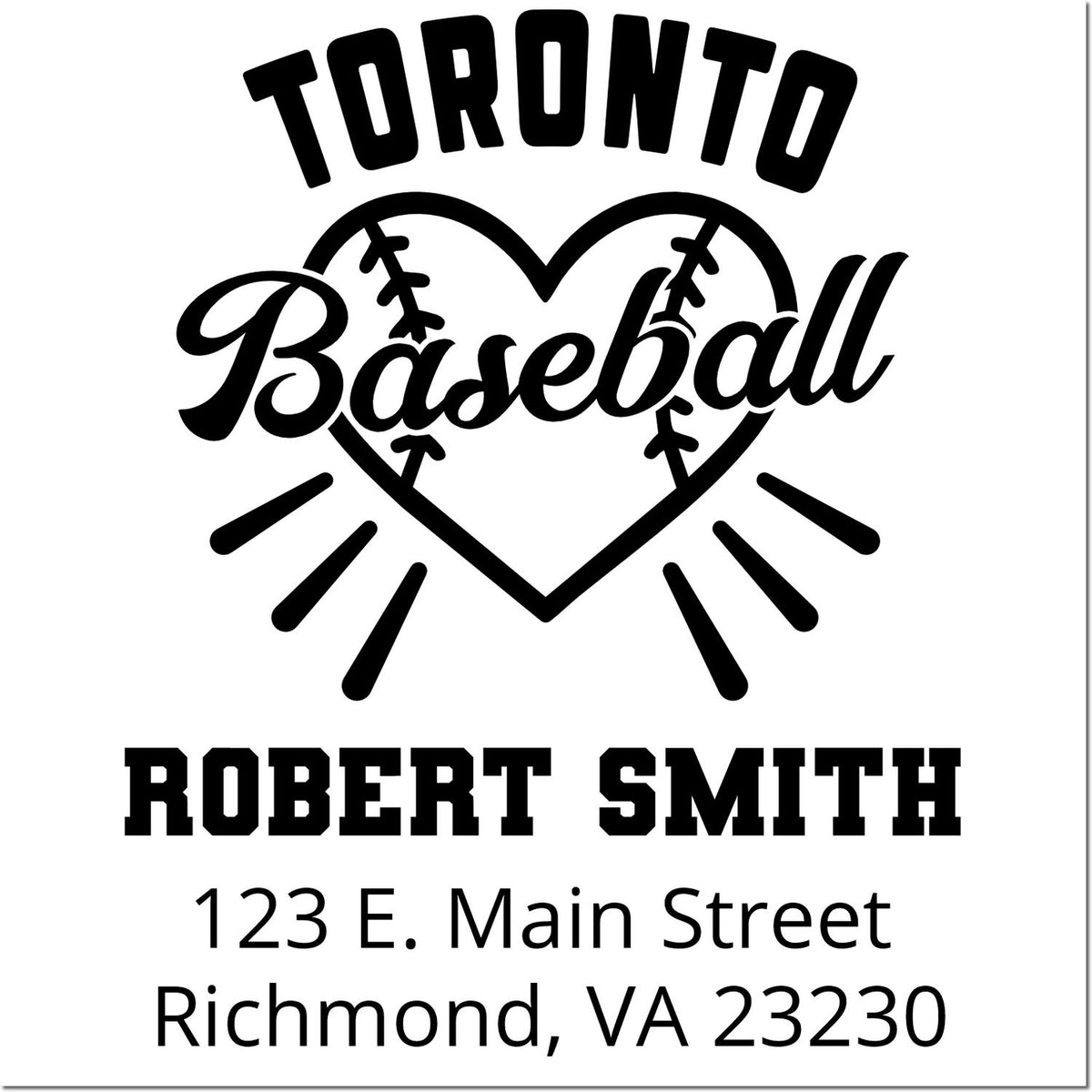 Custom Toronto Baseball rubber stamp with Robert Smith name, address, and heart baseball design for personalized mailing.