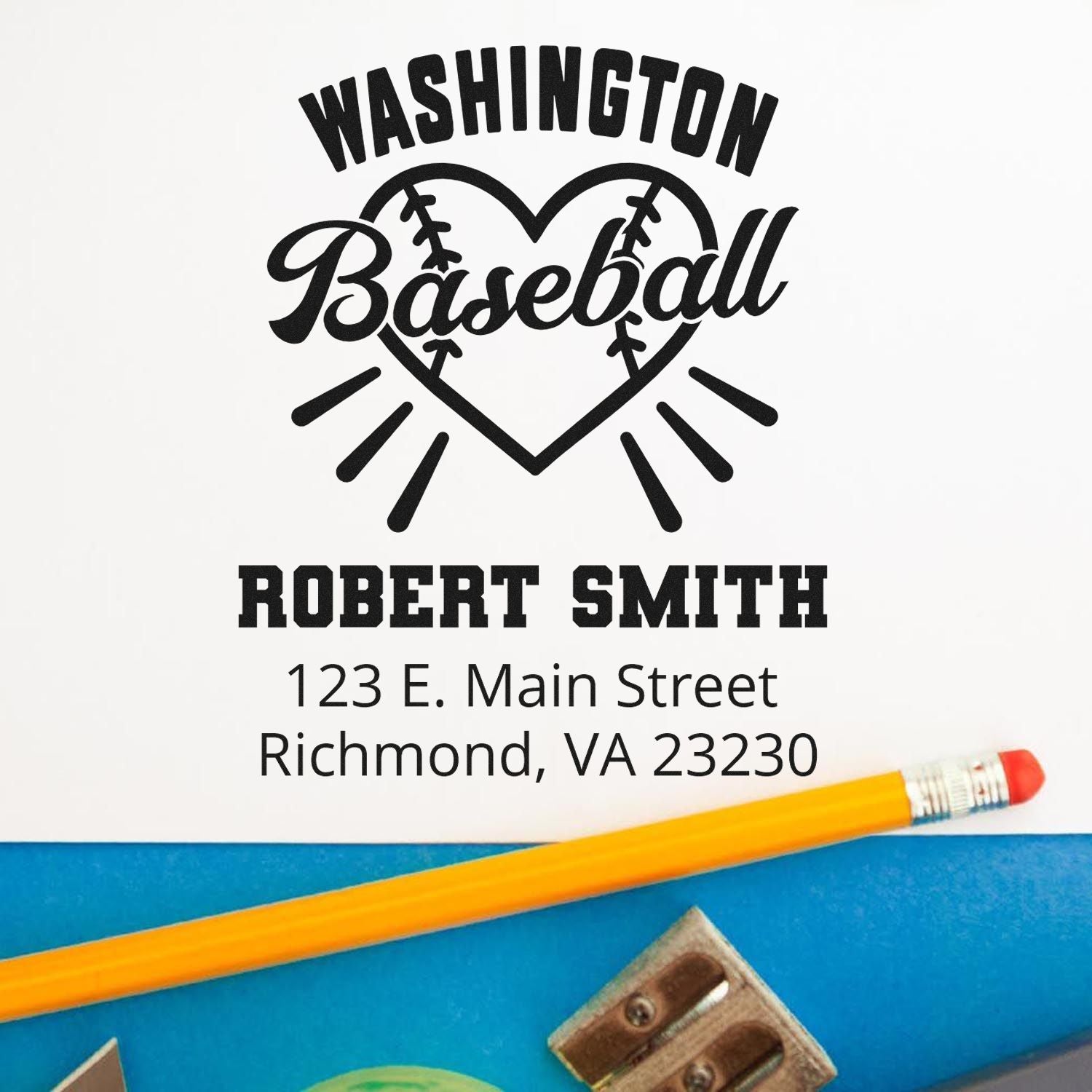 Custom Washington Baseball rubber stamp with heart logo, Robert Smith name, and Richmond, VA address for personalized mail.