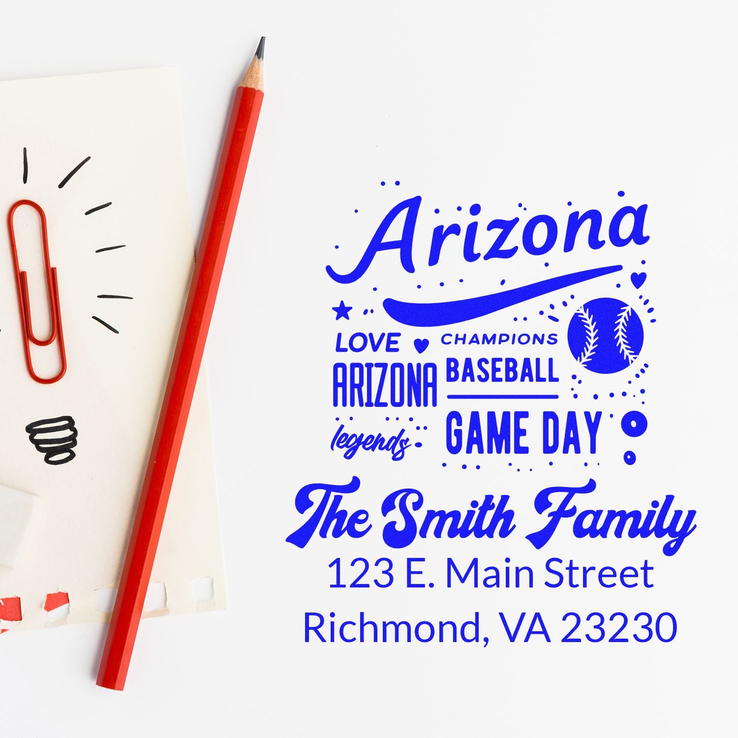 Custom Arizona baseball family return address stamp design with game day theme and personalized mailing address.