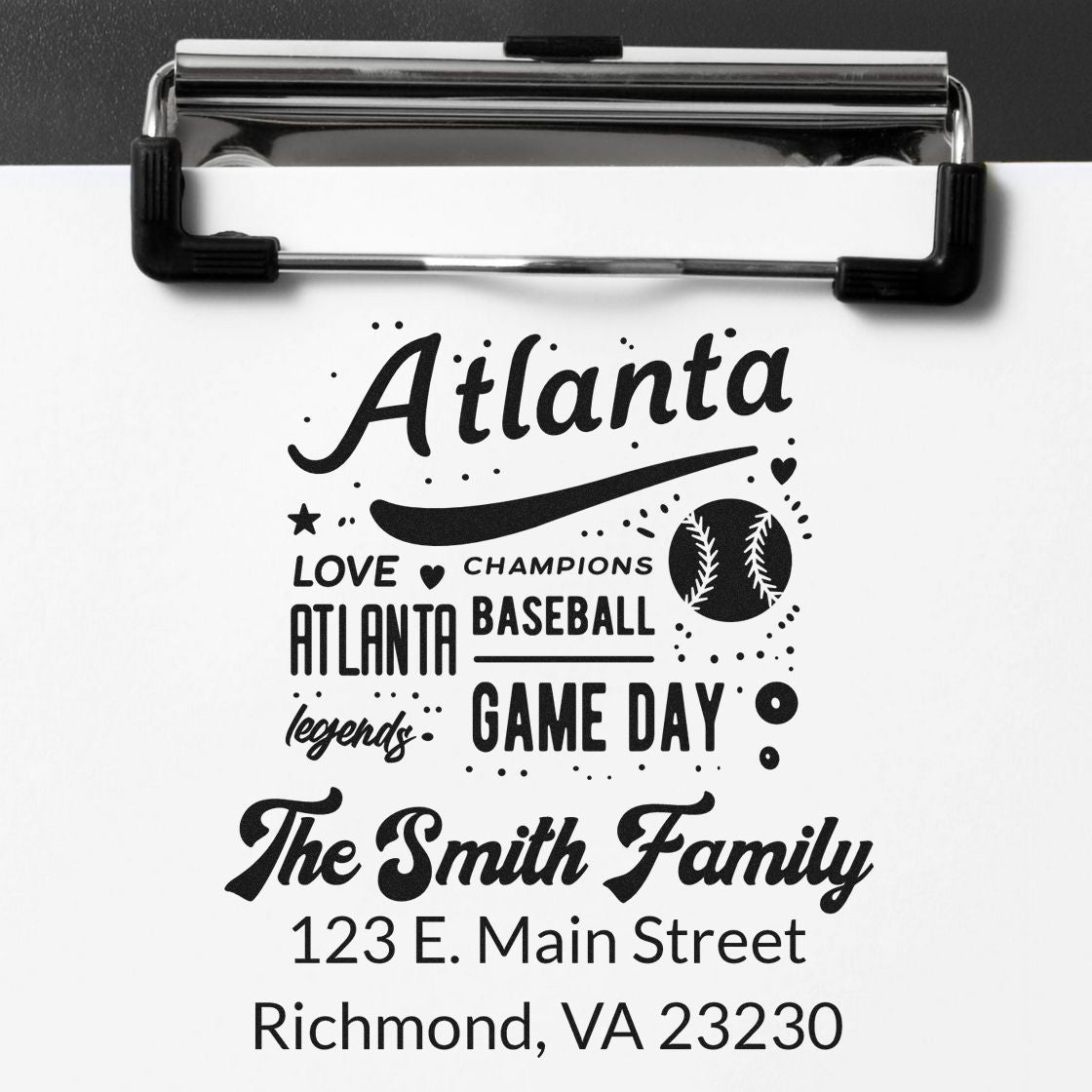Custom Atlanta baseball game day rubber stamp with family name and return address for personalized mail and fan stationery.