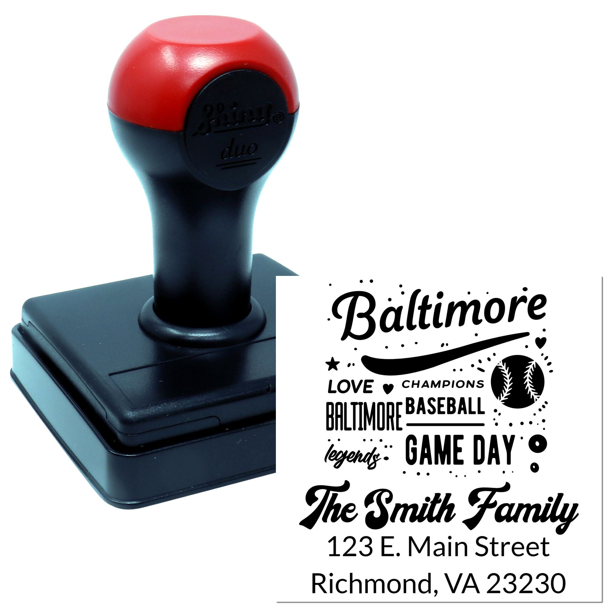Custom self-inking rubber stamp for baseball fans, featuring Baltimore game day artwork and a family return address imprint.