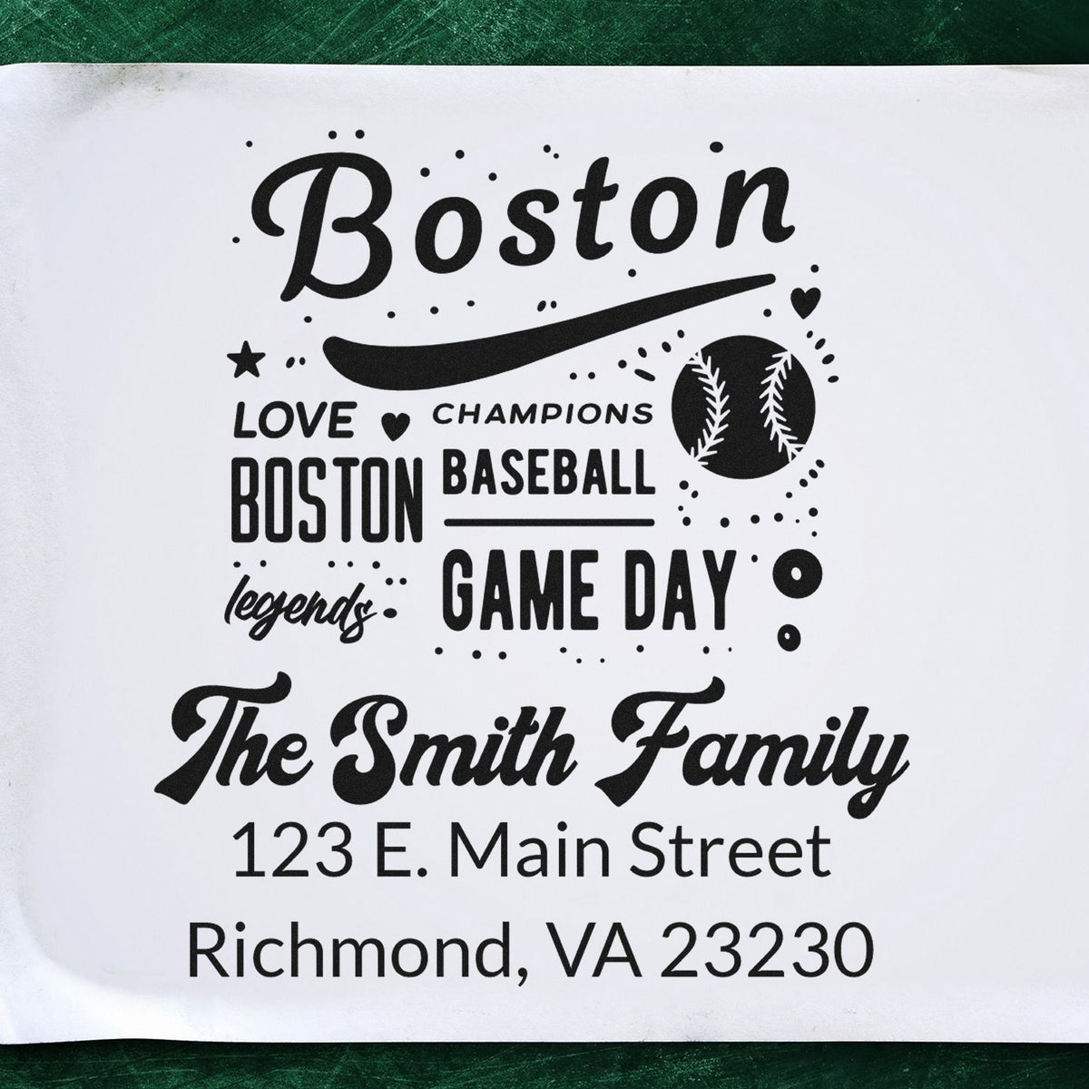 Custom Boston baseball rubber stamp with family name and address, ideal for game day gifts, mailings, and sports fans.