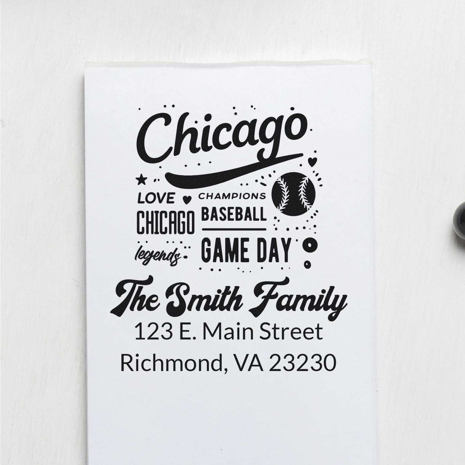 Custom Chicago baseball game day rubber stamp with family name and address, featuring a personalized sports-themed design for mail or cards.