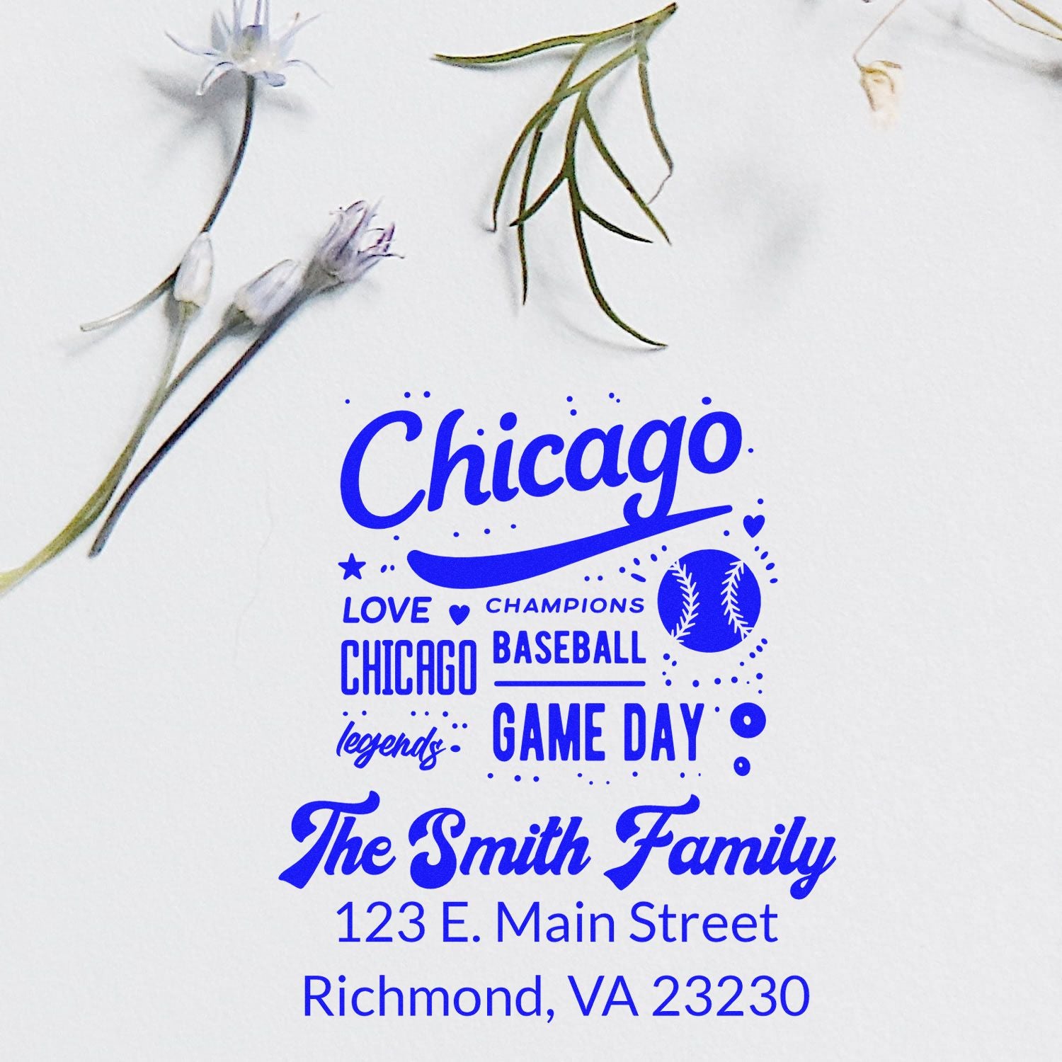 Custom rubber stamp for Chicago baseball game day, featuring The Smith Family return address in blue.