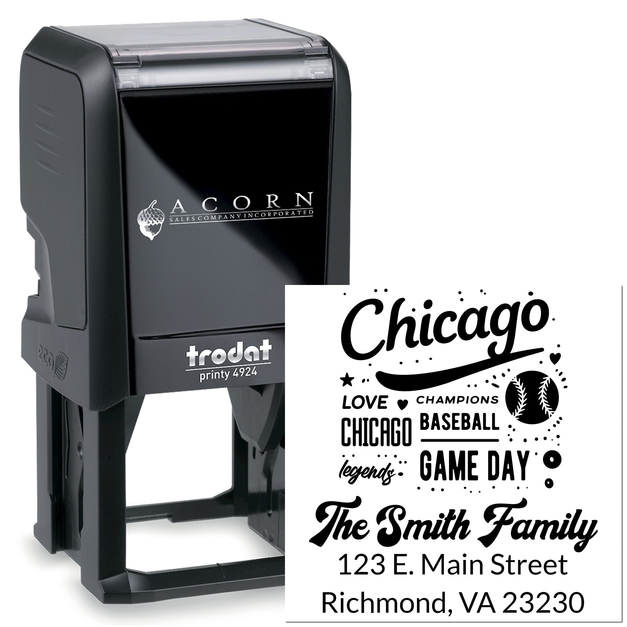Custom self-inking rubber stamp with Chicago baseball design and family return address for personalized mailings.