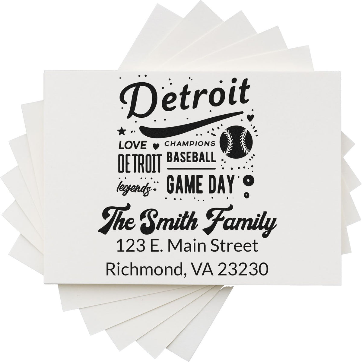 Personalized Detroit baseball game day rubber stamp with family name and return address
