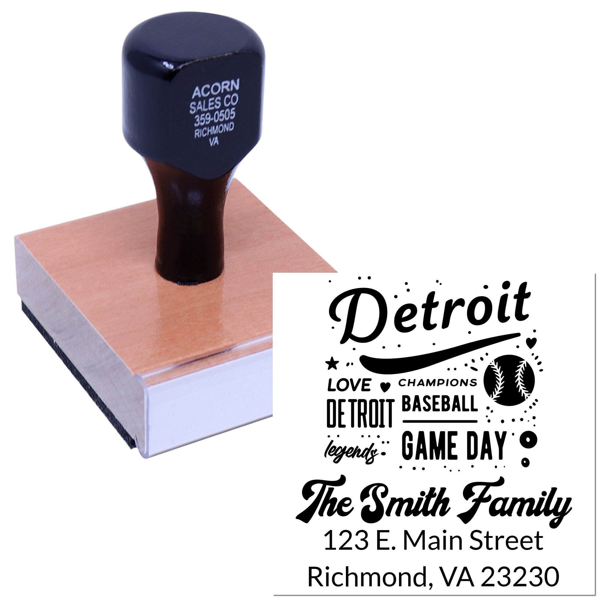 Wood-mounted custom rubber stamp with Detroit baseball family address design for personalized branding and mailings.