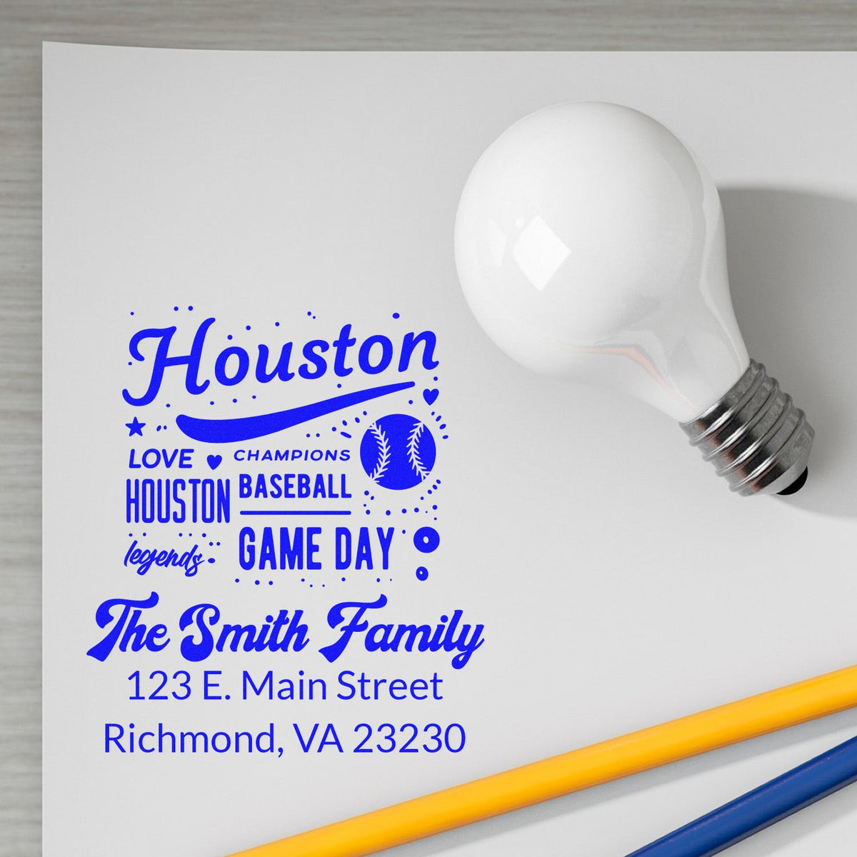 Personalized Houston baseball rubber stamp with The Smith Family address and game day design.