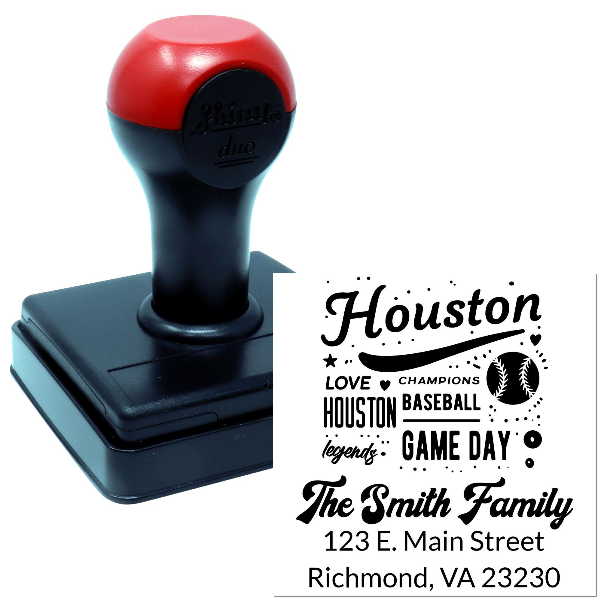 Custom self-inking rubber stamp with Houston baseball game day family address design and personalized imprint.