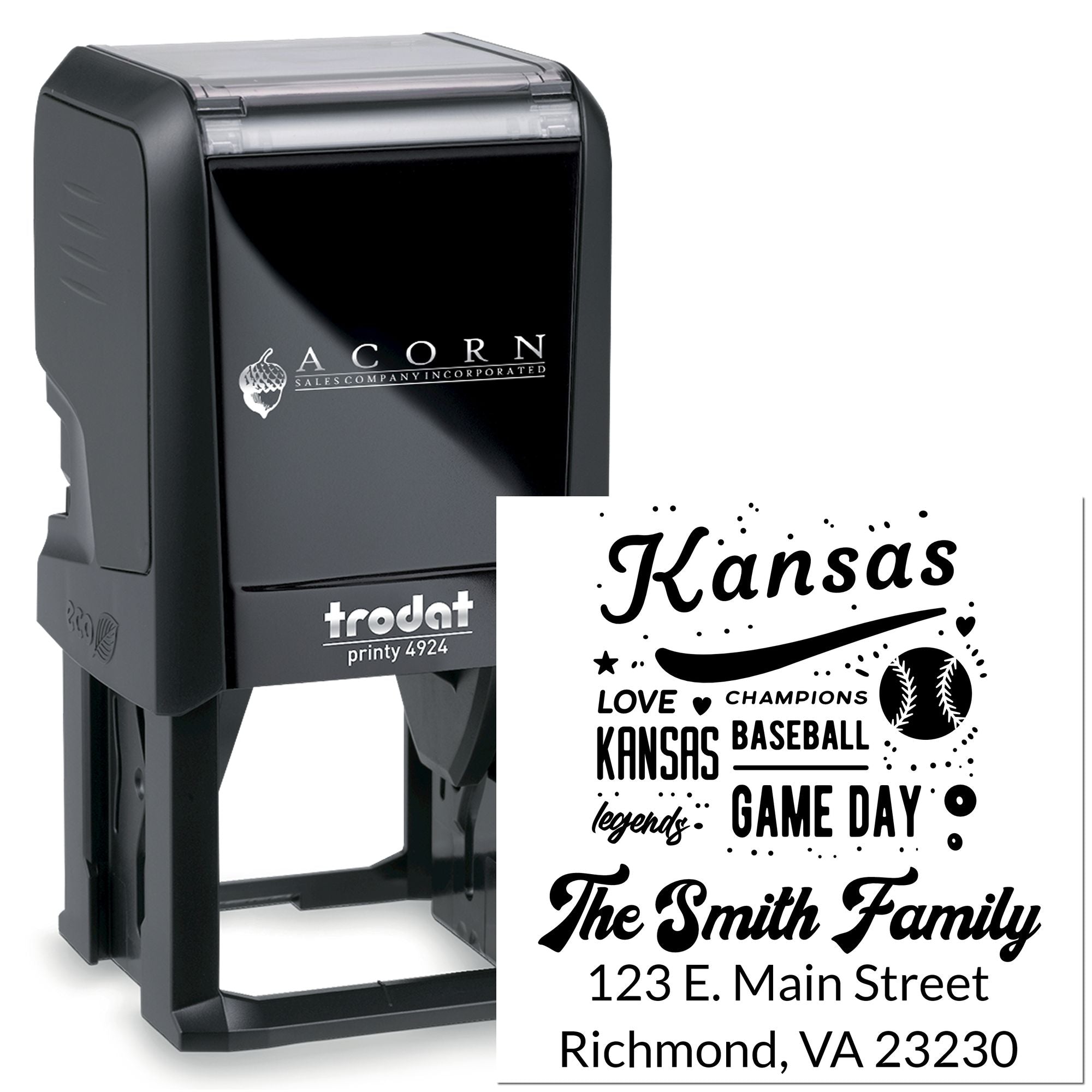 Custom self-inking rubber stamp with Kansas baseball family design and return address, ideal for personalized mailing labels.