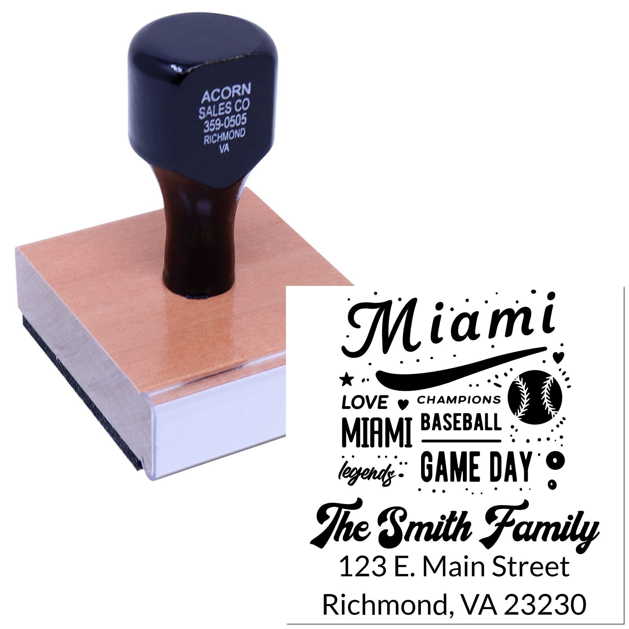 Custom rubber stamp for Miami baseball game day with The Smith Family return address, Richmond, VA